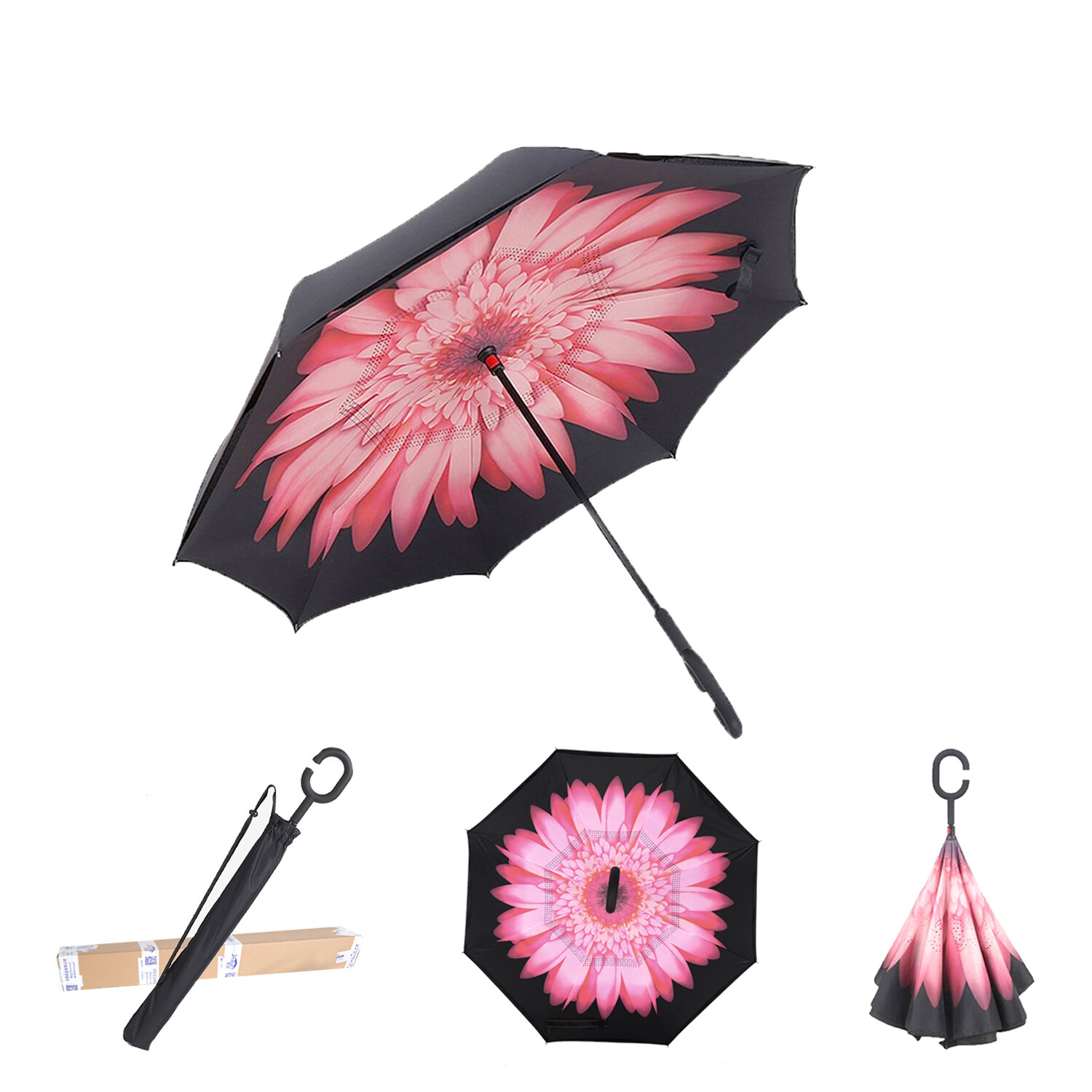 Umbrella -Upside Down-Windproof Inverted Reverse C-Handle Folding with Carry Bag