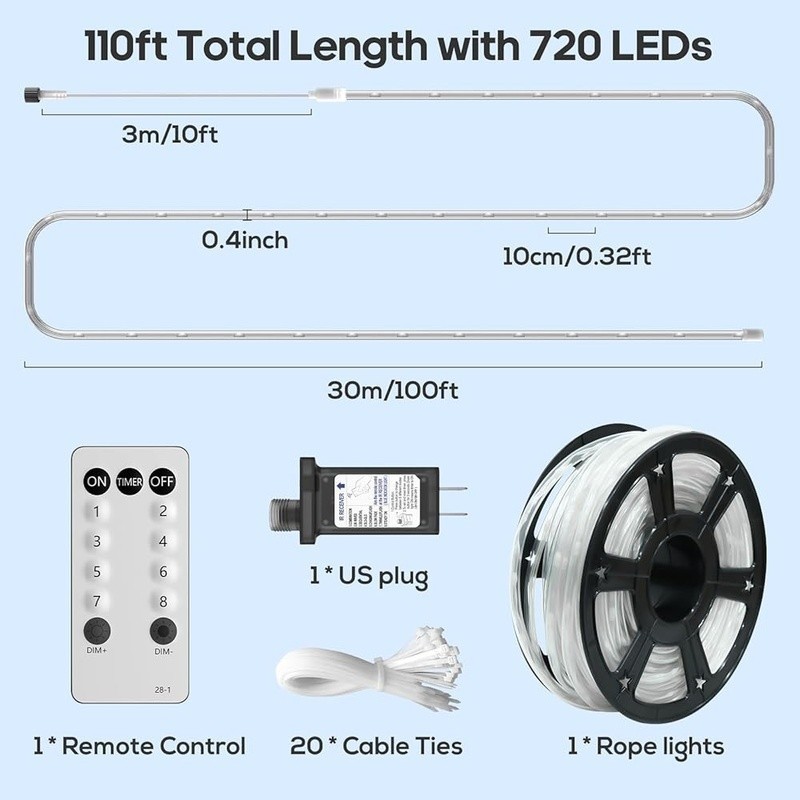 Flexible LED Rope Lights Waterproof Timer 8 Modes Dimmable Indoor Outdoor Decor