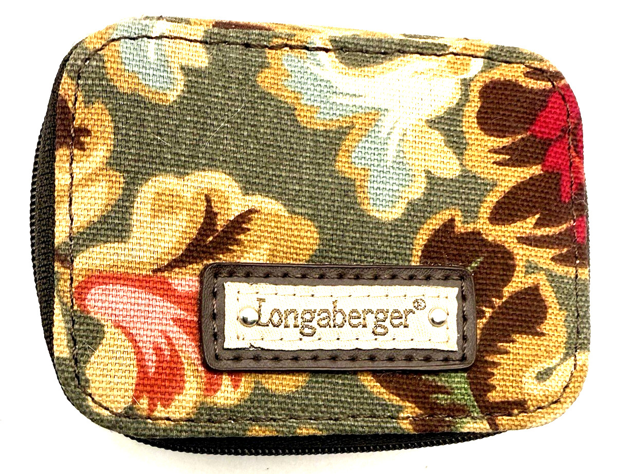 Small 3 1/2" LONGABERGER Travel Pill Case Beige Brown Cream Floral Cloth Zip Bag