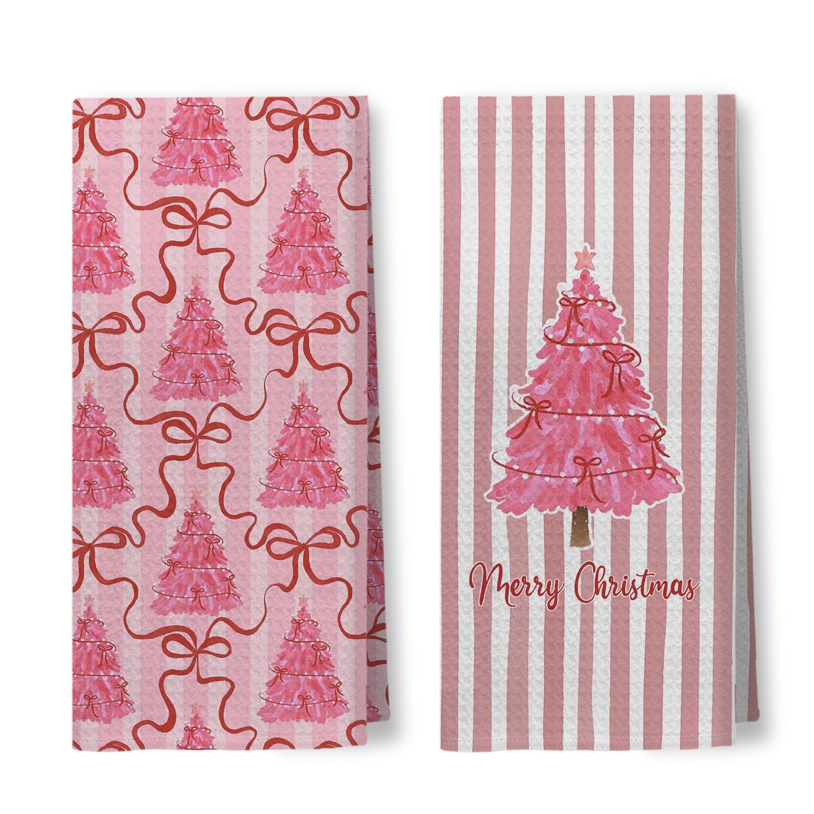 2 PCS Pink Merry Christmas Tree Coquette Kitchen Hand Towels 16x24 Inch