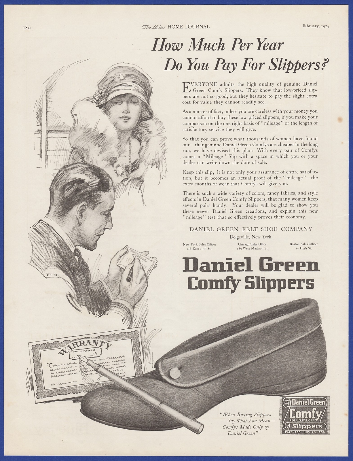 Vintage 1924 DANIEL GREEN Comfy Slippers Shoes Fashion Print Ad 1920's