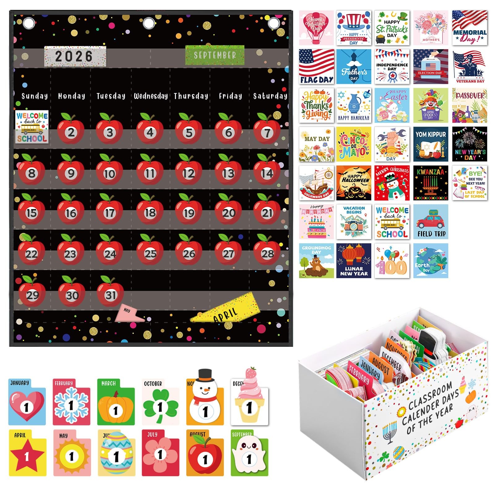 439 PCS Classroom Calendar Number Days Year Set Confetti Pocket Chart Storage