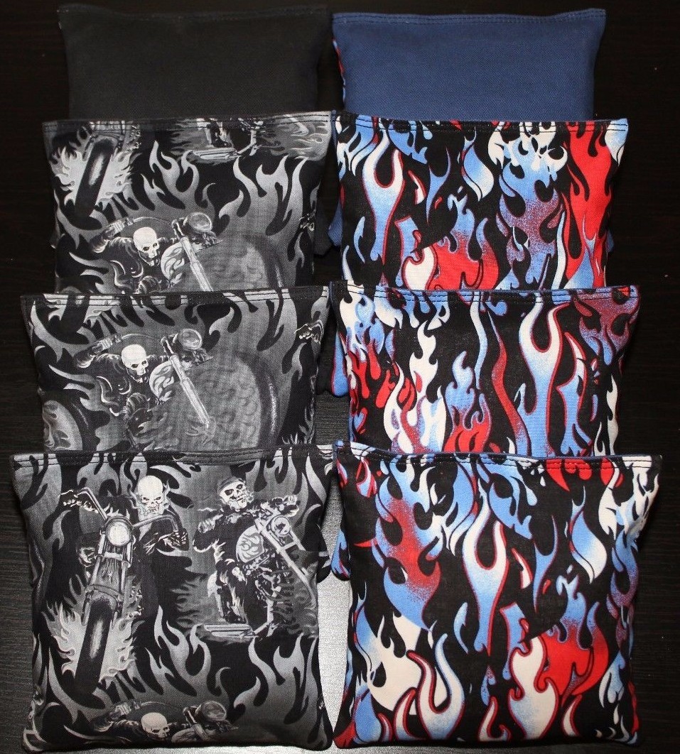 FLAMES & SKULLS Cornhole Bean Bags 8 ACA Regulation Harley Orange & Black Bags