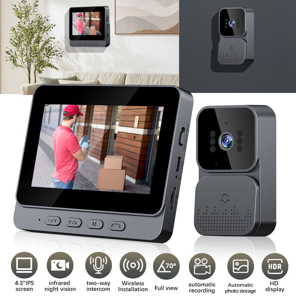 Wireless Smart Video Doorbell System 4.3" Display 1080P Video Doorbell Camera