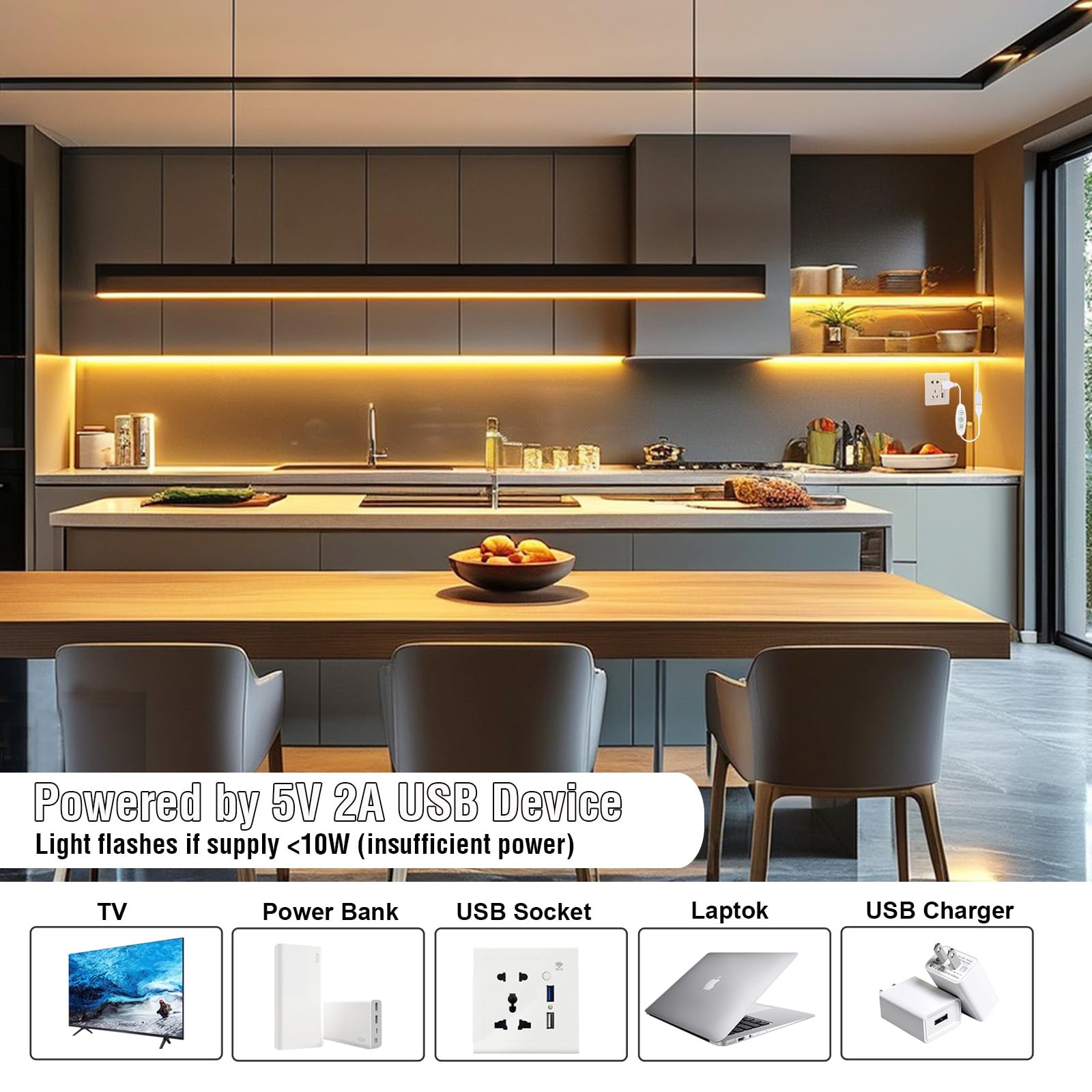 LED Strip Lights 6ft Warm White 2700K with USB Dimmer Switch