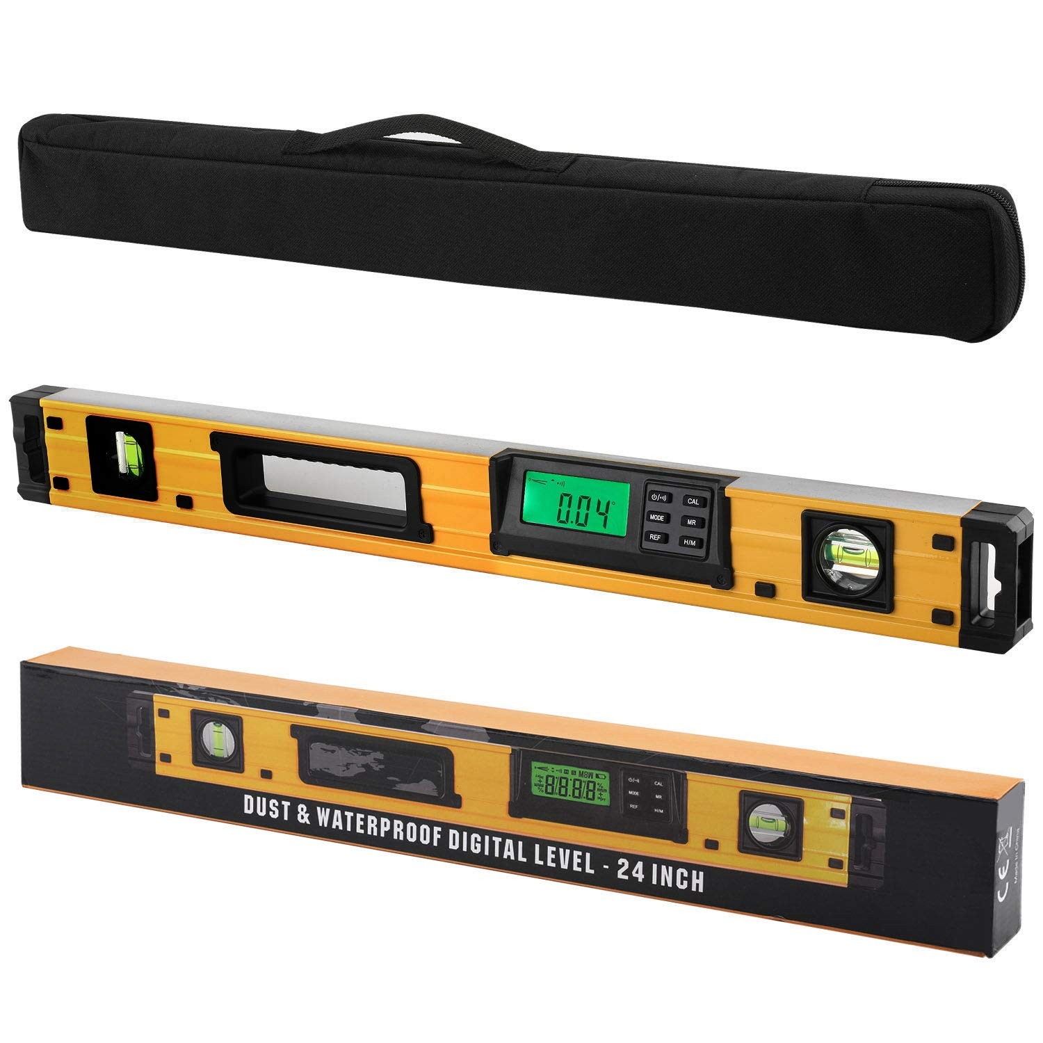 Digital Torpedo Level 24In LCD Magnetic Protractor IP54 Audio Alert Tool Yellow
