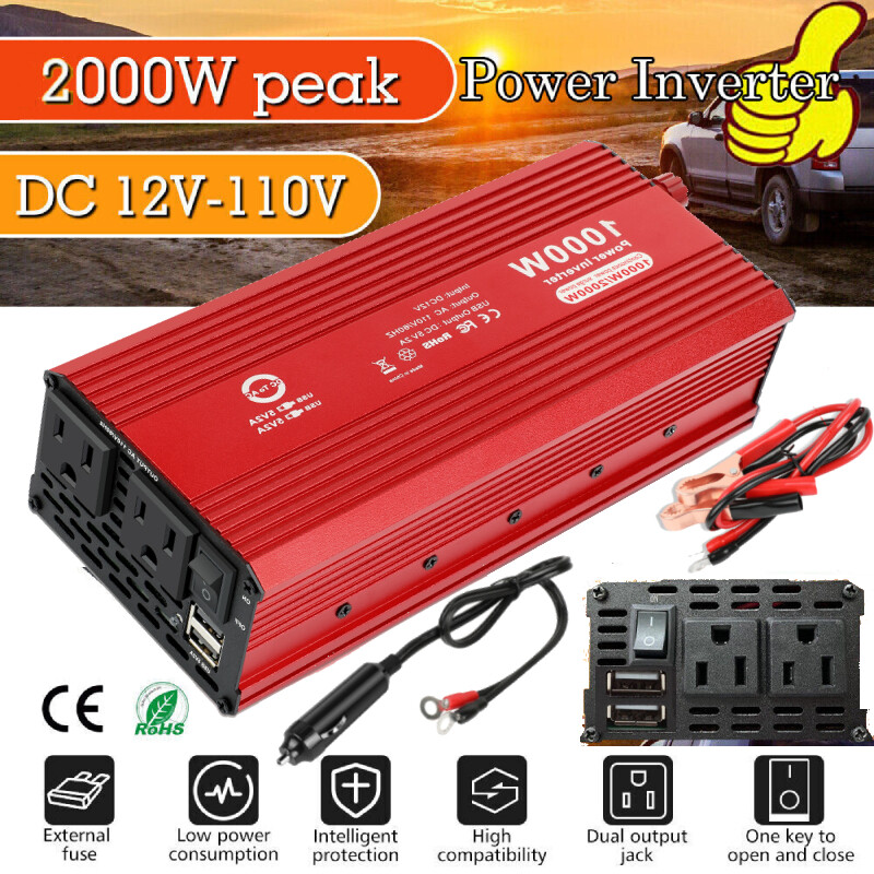 Car Power Inverter 1000/2000 Watts DC 12V to AC 110V Converter Adapter Charger