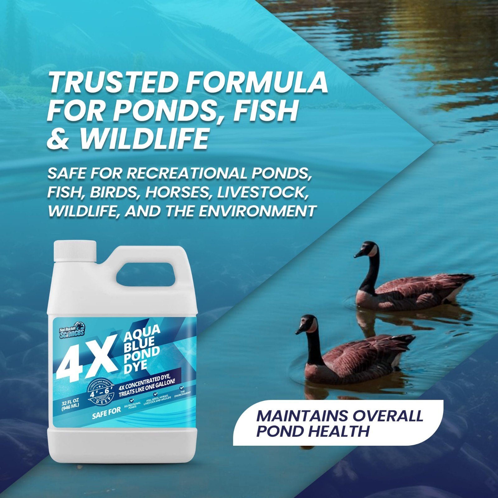 32oz Aqua Blue Pond Dye 4X Concentrate Lake Colorant Treats 1 Acre Fish Safe