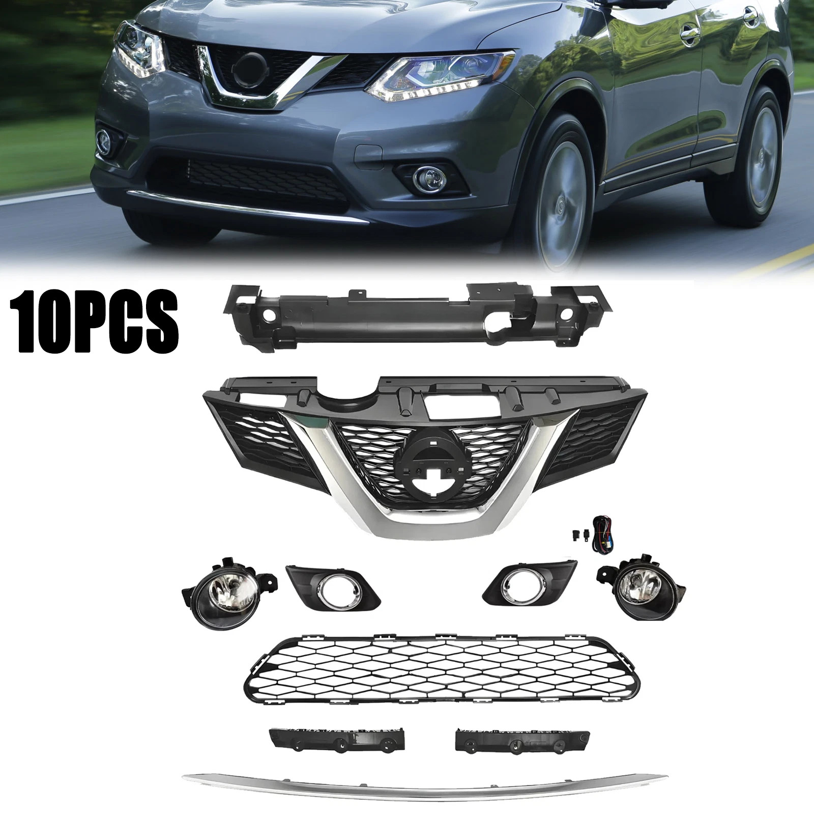Upper Grille Lower Mesh Chrome Molding Trim Fog lights For Rogue 2014-2016 10PCS