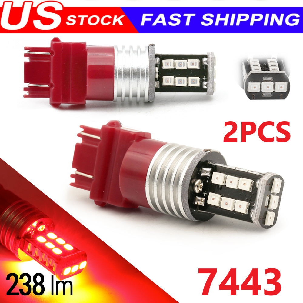 2PCS 7443 7440 LED Red Strobe Flash Blinking Brake Stop Tail Parking Light Bulbs