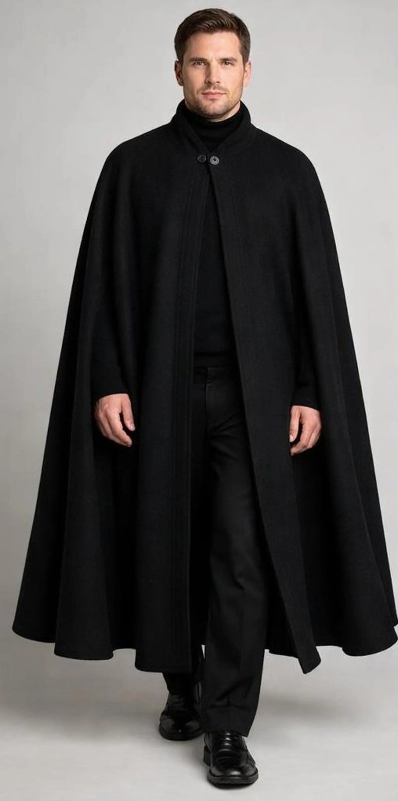 Men's Black Wool Long Cape Coat, Victorian Steampunk Vintage Cape