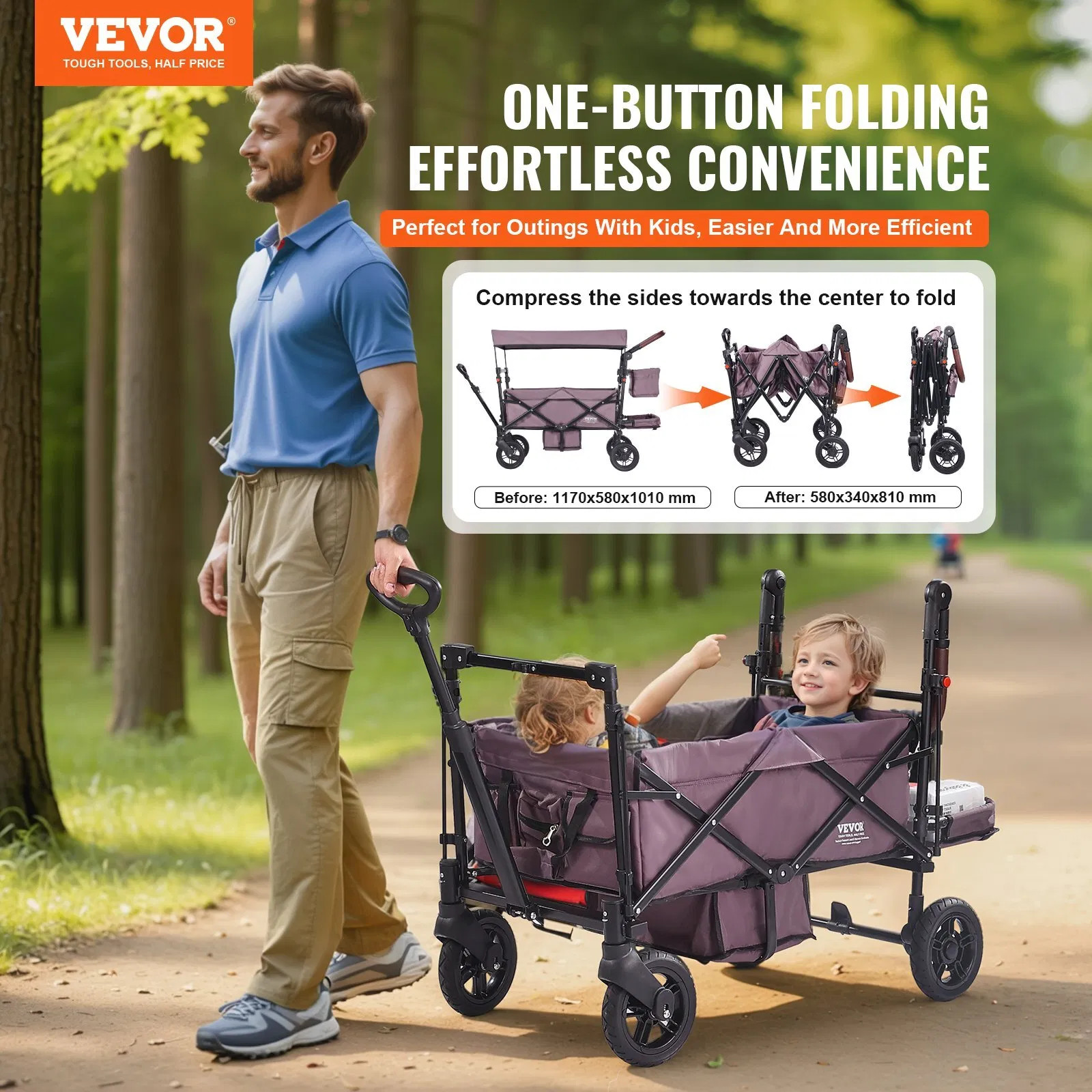 Wagon Stroller For 2 Kids Quad Collapsible Canopy Push Pull Handle Dark Purple