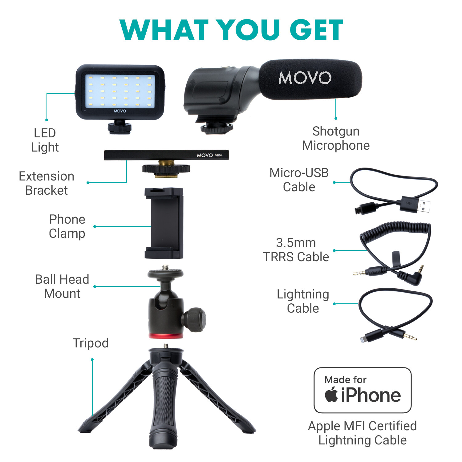 Movo iVlogger Vlogging Kit for iPhone with Mic, Light, Tripod, and More
