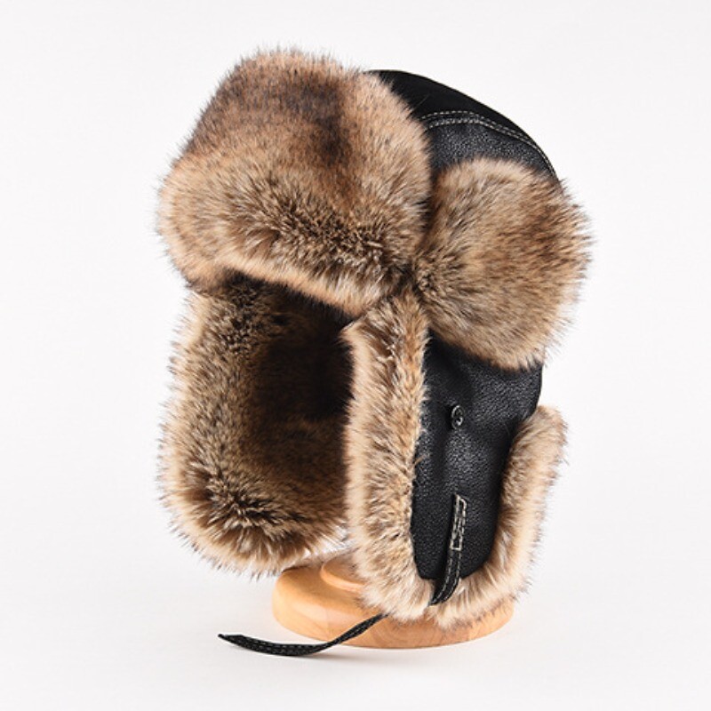 Men Faux Leather Fur Hat Russian Aviator Trapper Hat Winter Ski Ushanka Earflap