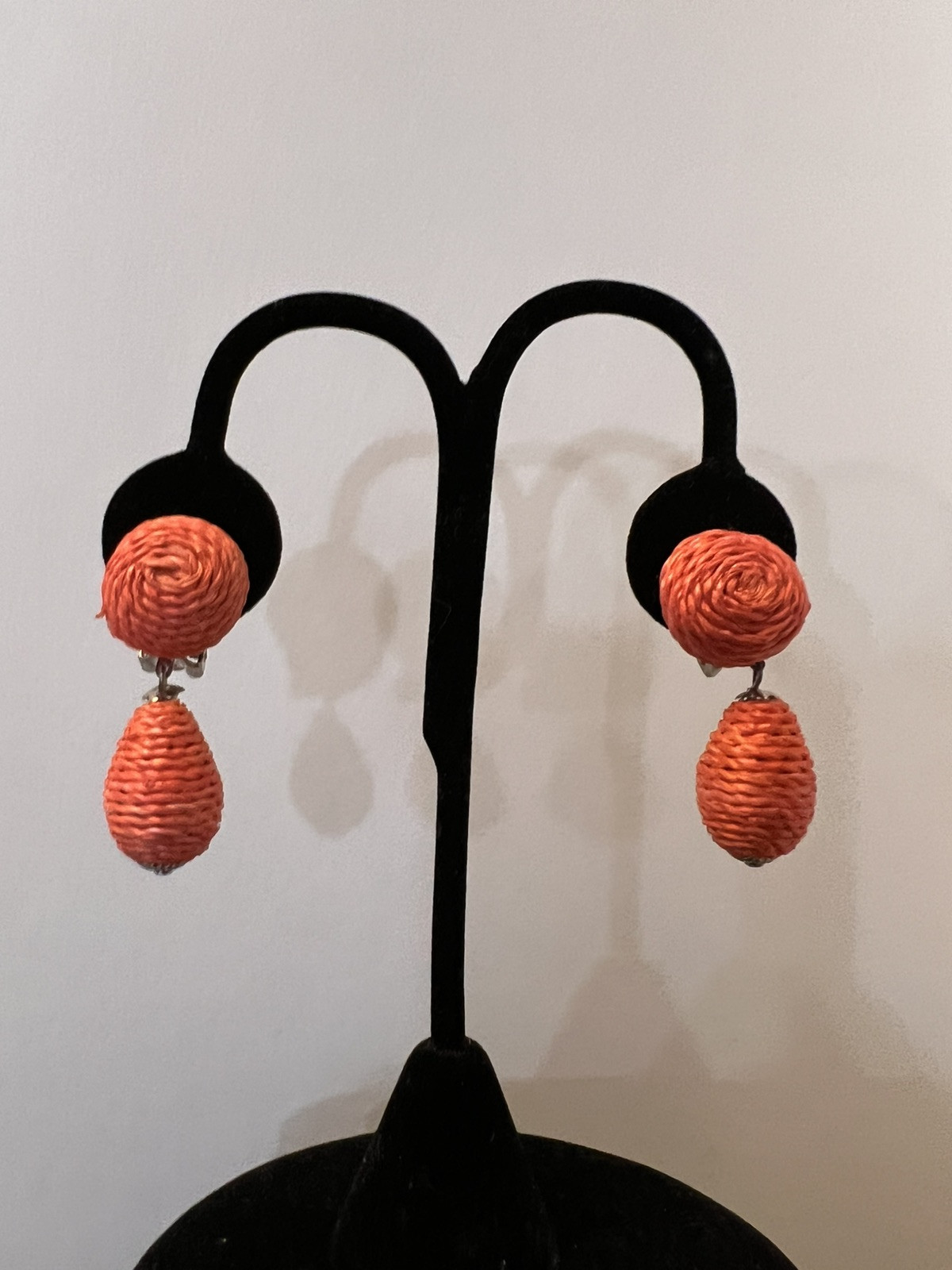 Peachy Orange Twisted Raffia Ball Clip On Earrings