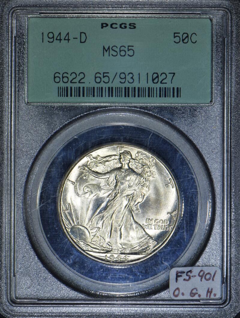 1944-D Half Dollar PCGS-65; Hand Engraved Designer's Initials, FS-901; OGH