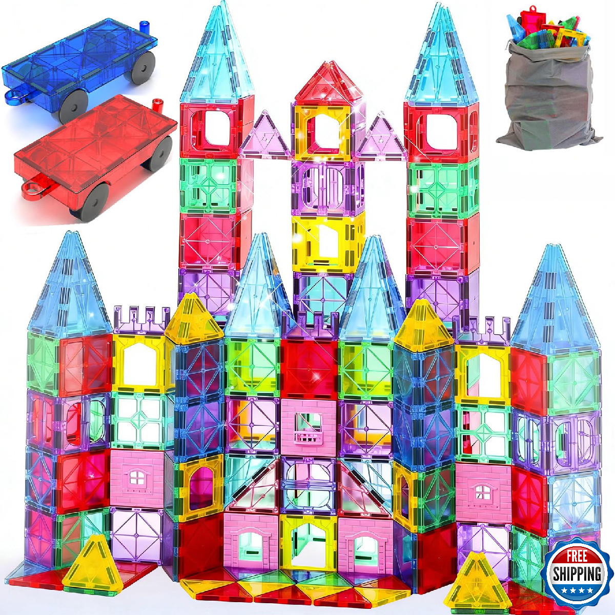 HAPPYMATY Upgraded Antibacterial Magnetic Tiles - 106 PCS Magnet Building Tiles
