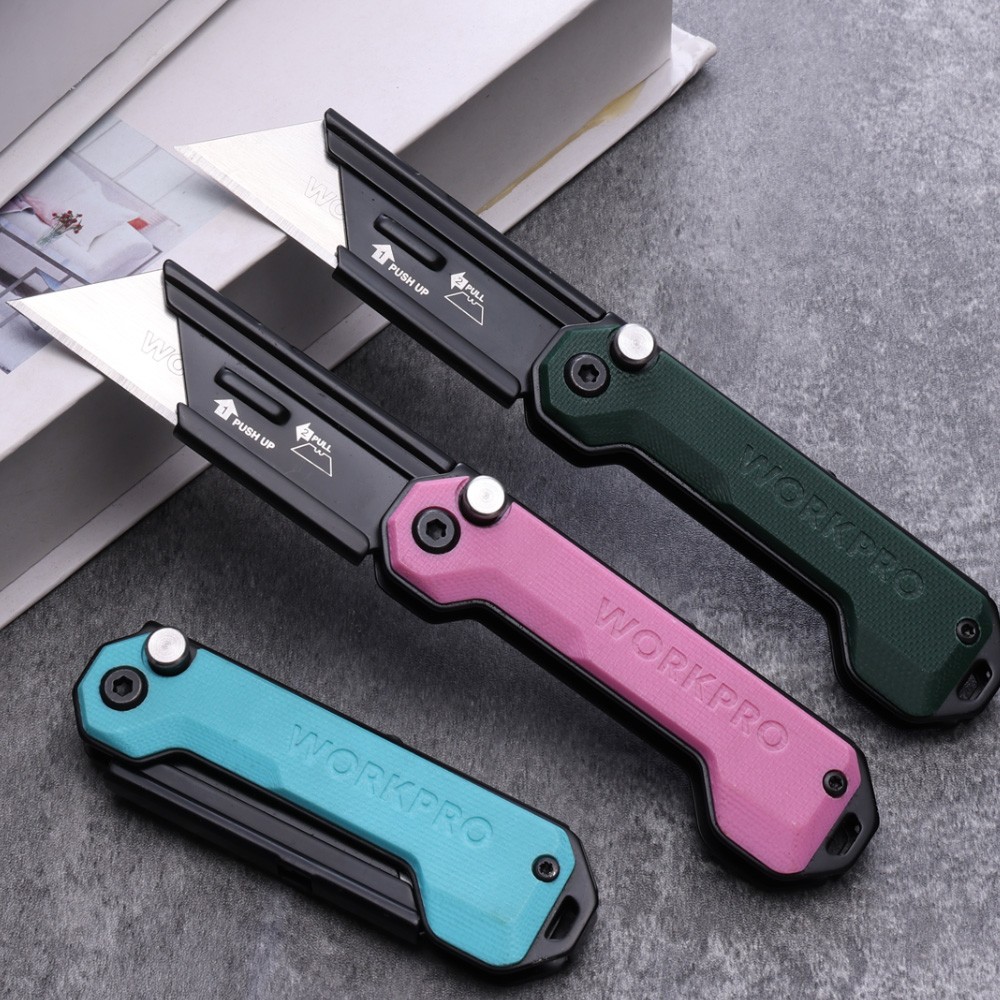 WORKPRO 3PCS Folding Utility Knife Box Cutter G10 Handle Axis Quick Change Blade