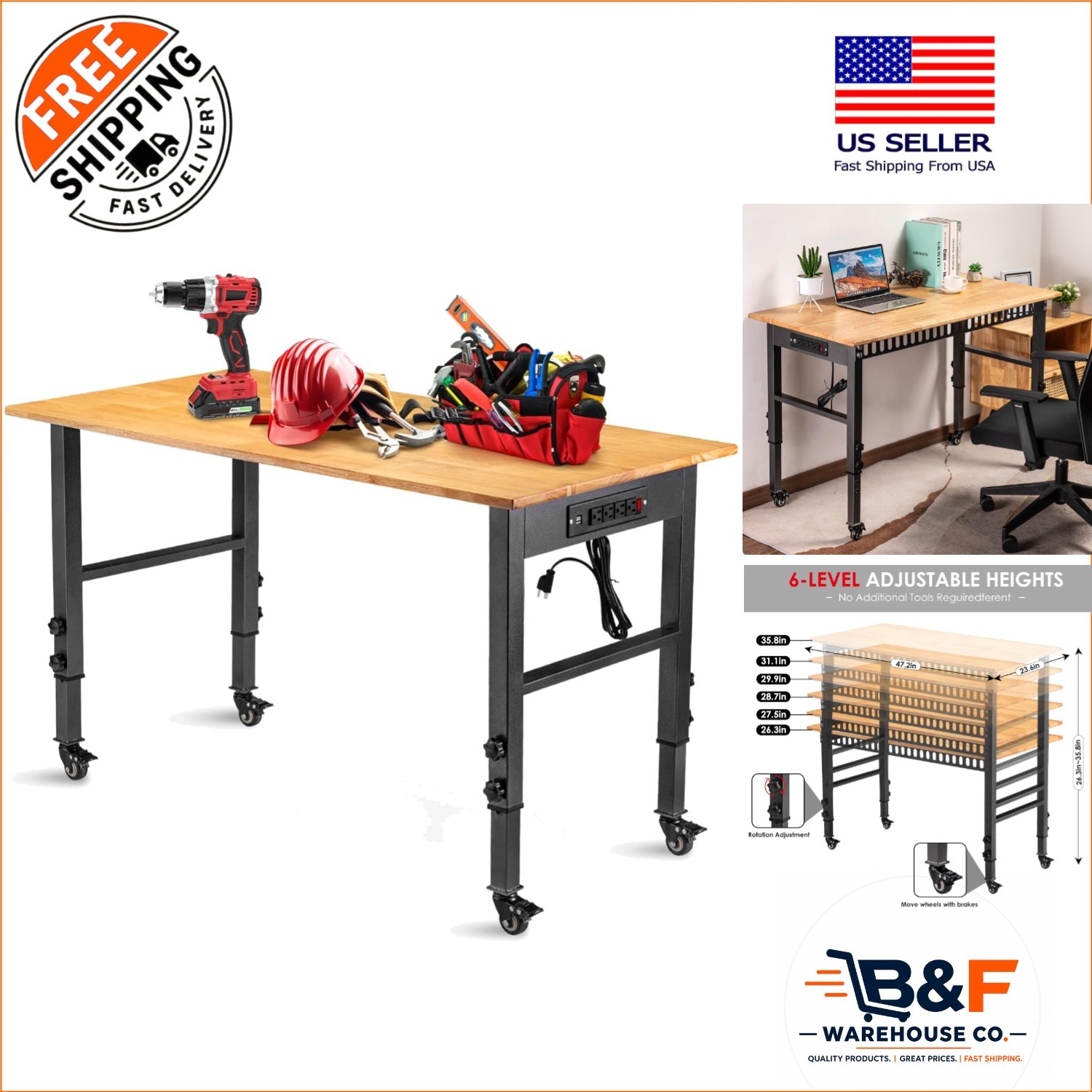48" Rubber Wood Workbench - Adjustable Height & Power Outlets Included