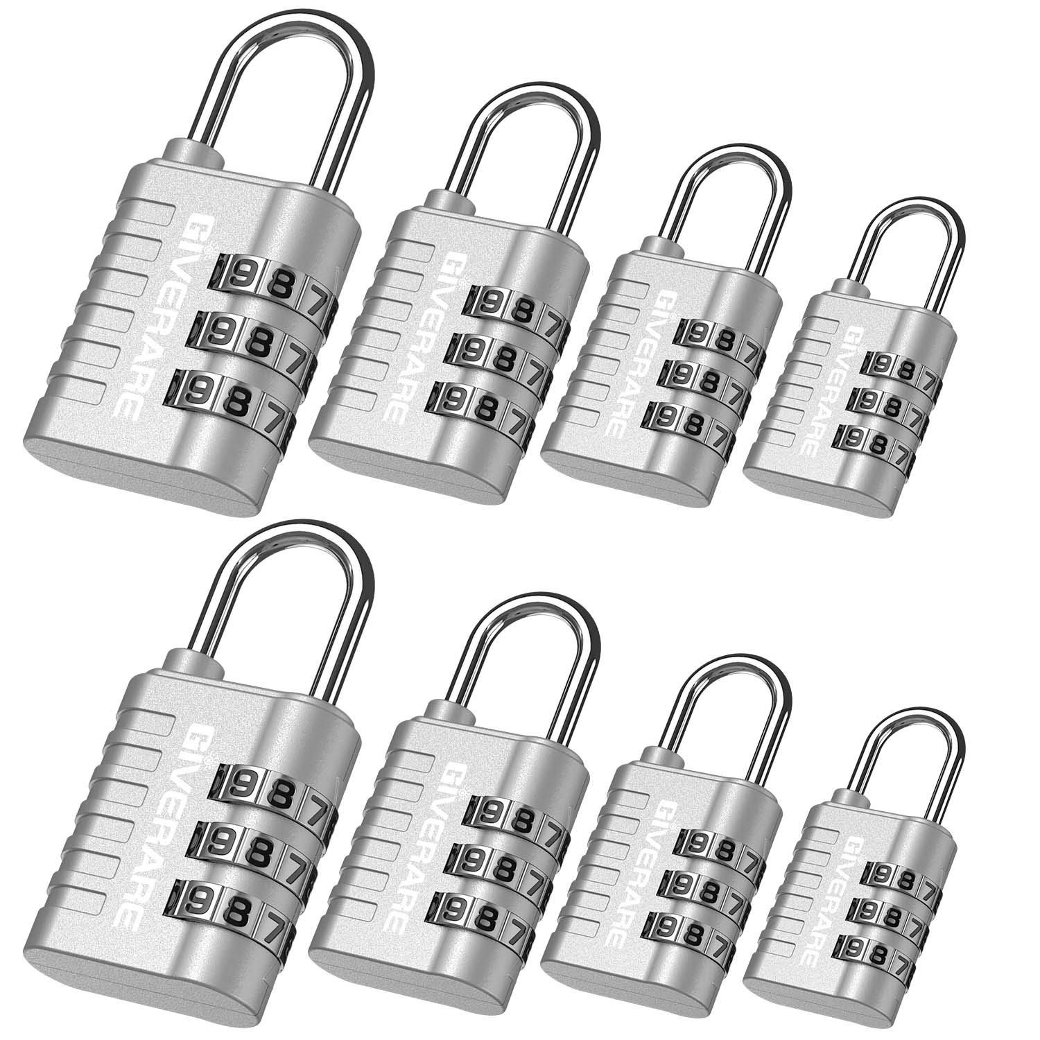 GIVERARE 8 Pack Combination Lock, 3-Digit Padlock Keyless, Resettable Silver