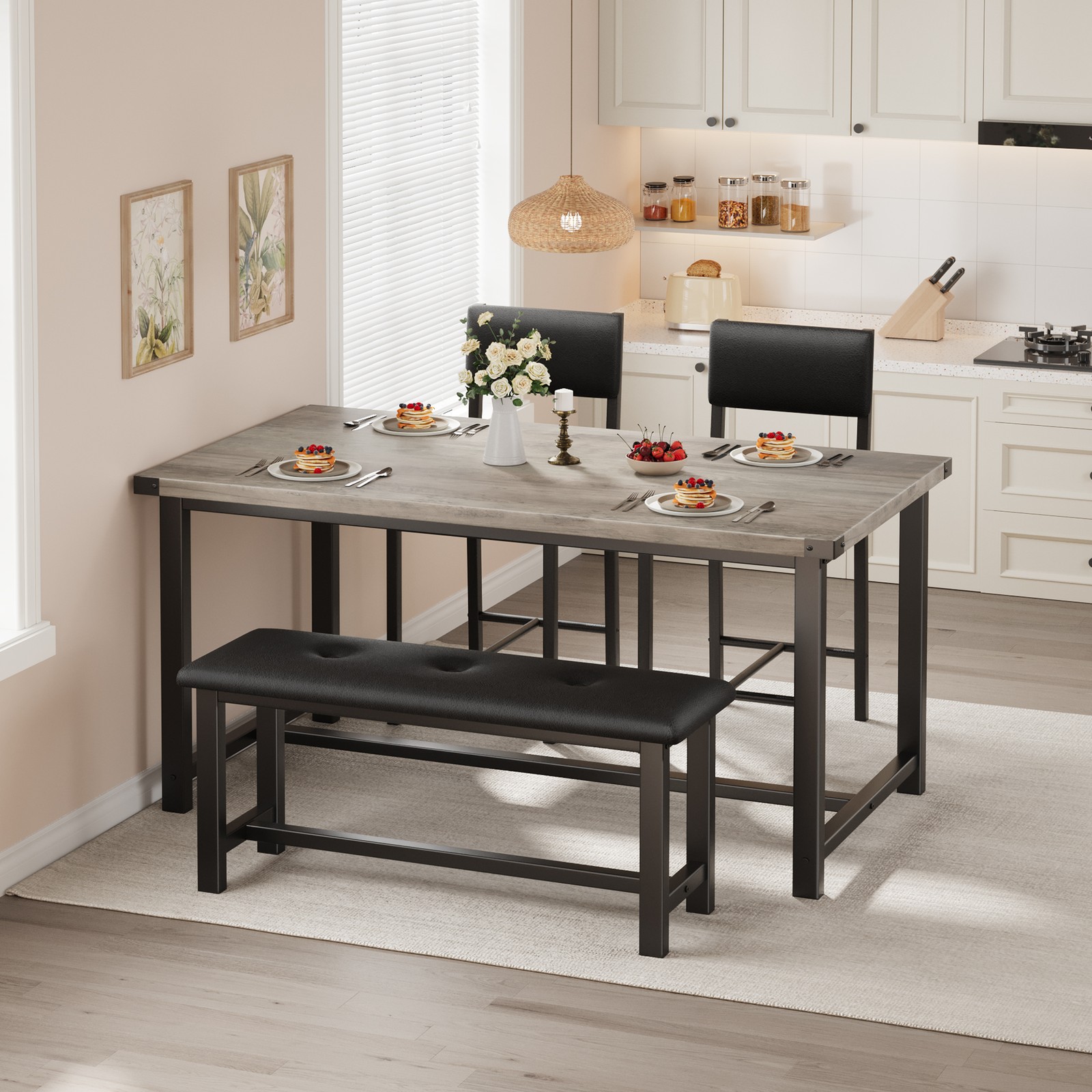 Modern Space-Saving Dining Table Set for 4, Upholstered Bench & 2 Padded Chairs