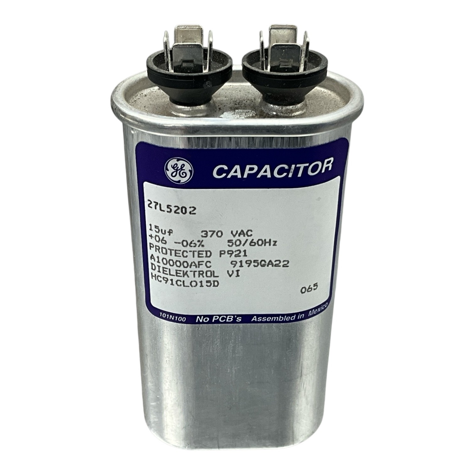 GE 27L5202 15uF 370VAC Motor Run Capacitor 50/60Hz Oval Dielektrol HVAC A/C OEM