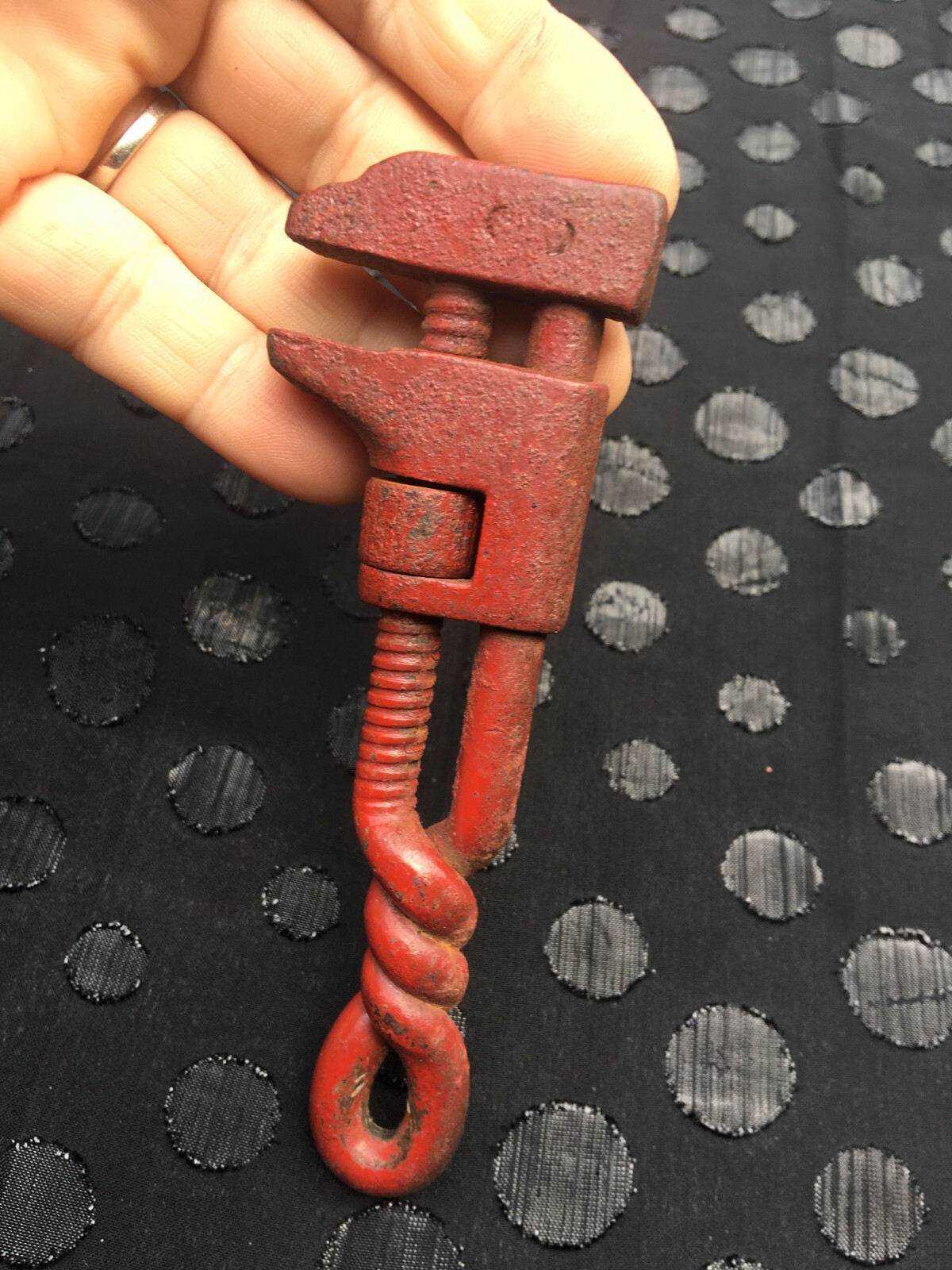 vintage child's metal tool small red pipe wrench! shabby prop or pretend play!