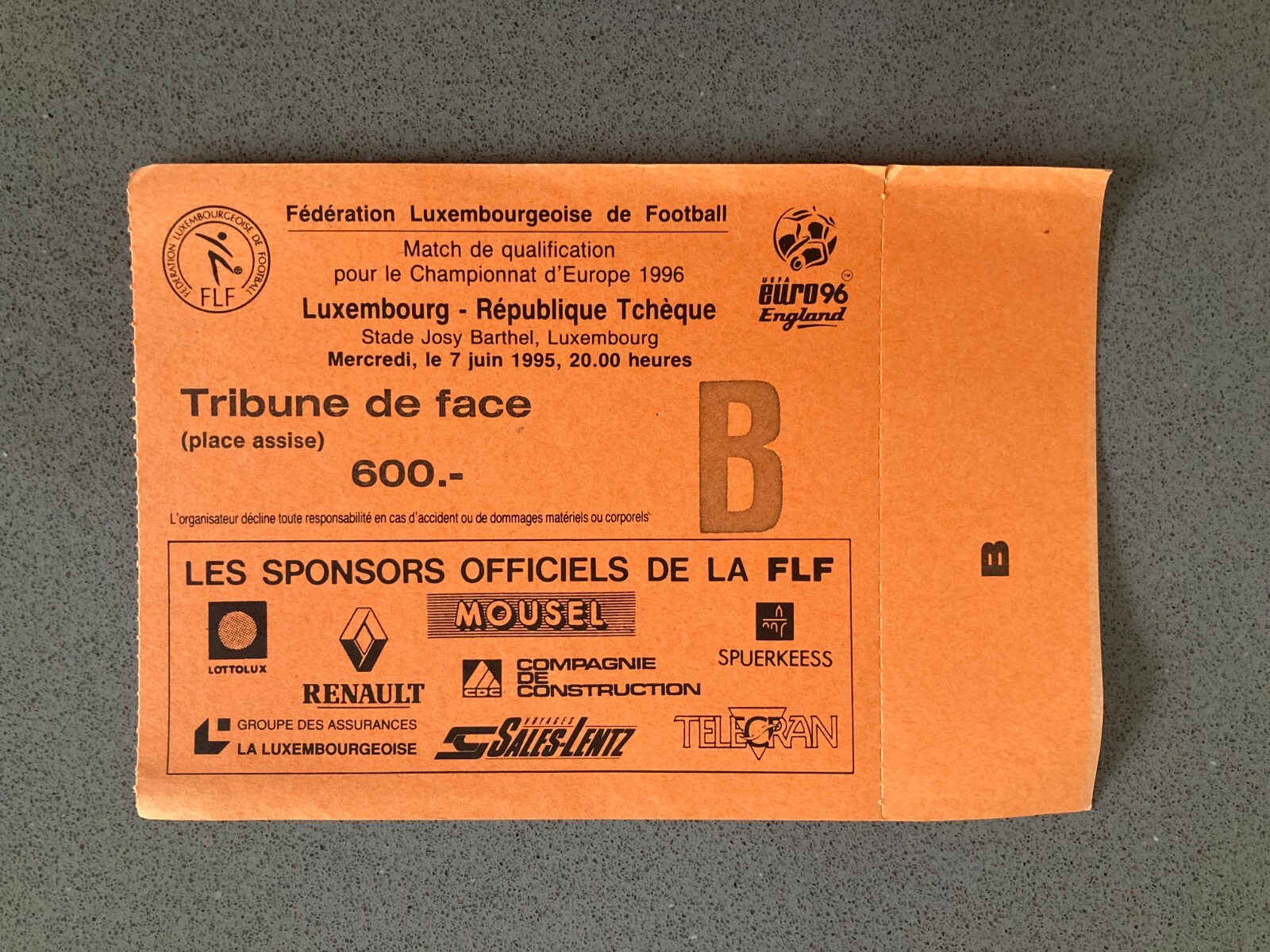 Luxembourg v Czech Republic 1995 Match Ticket
