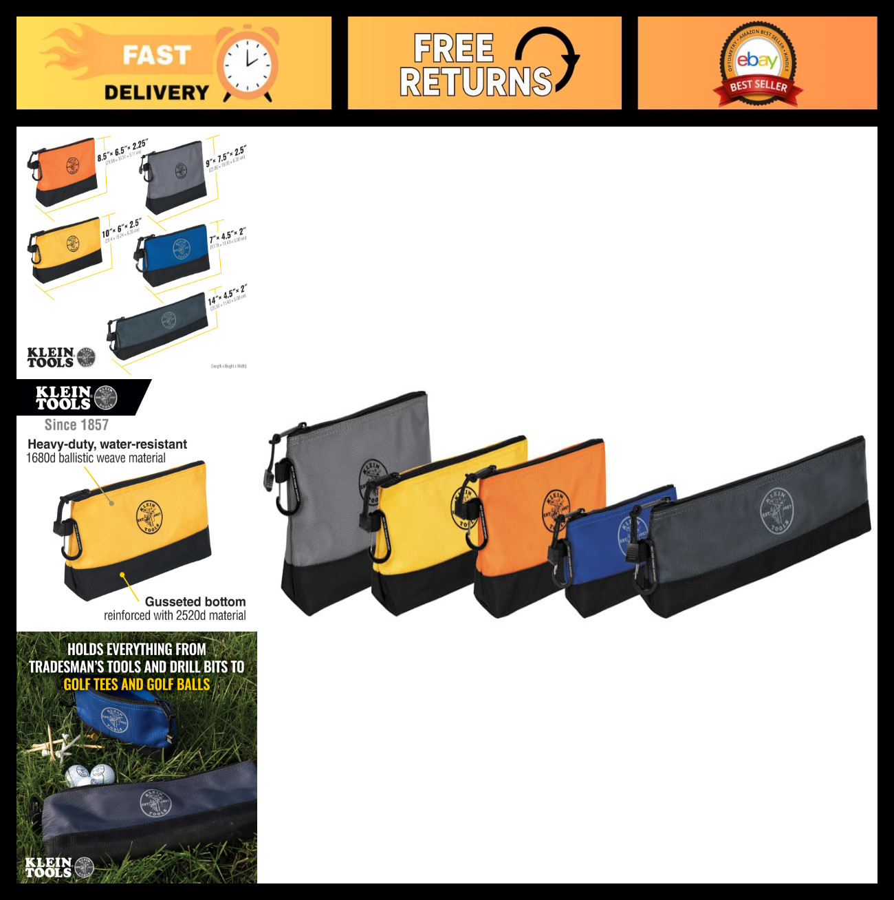 Multi-Size Tool Pouch Set - Stand-Up Zipper Bags with Carabiners, Water Resistan