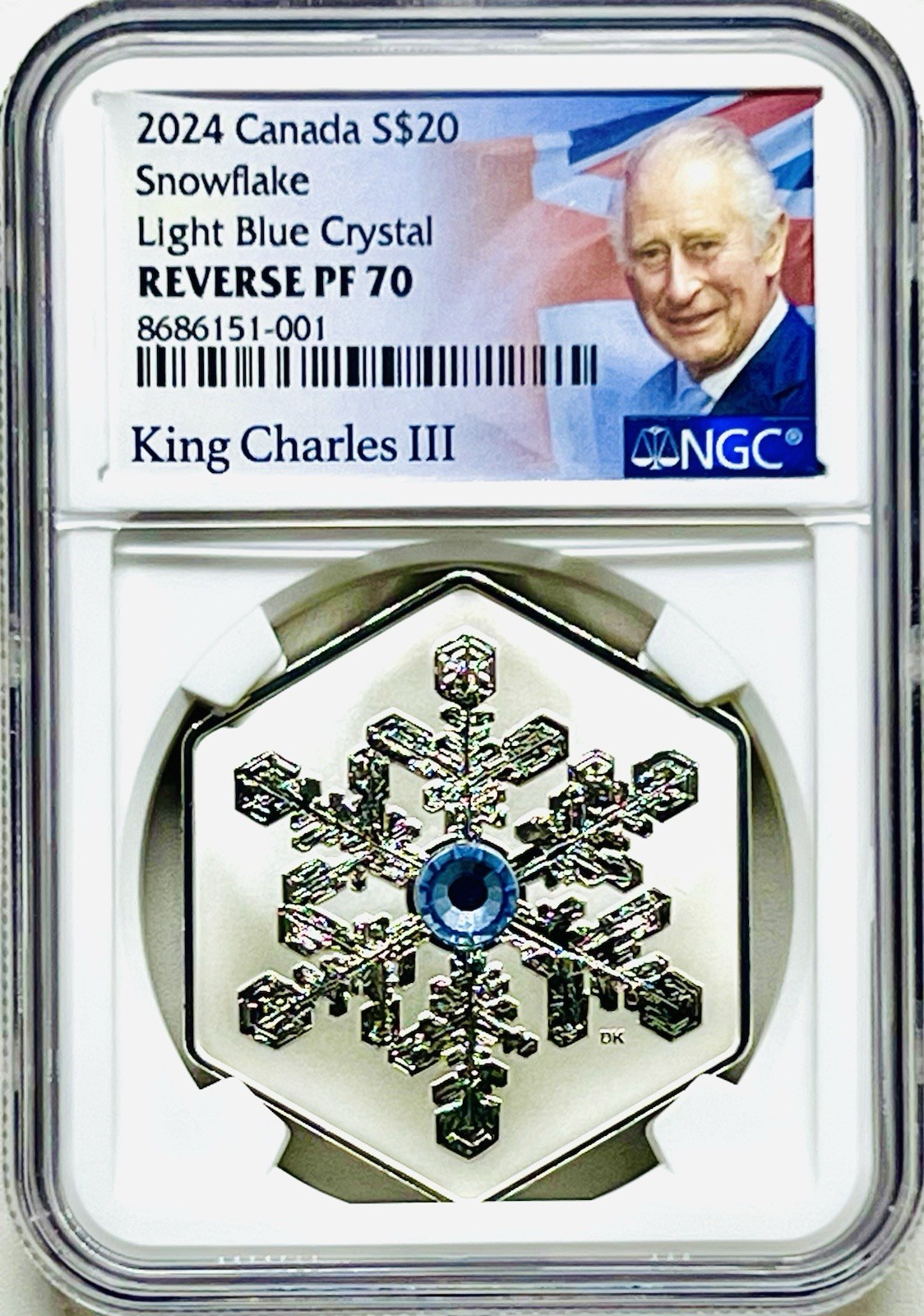 2024 $20 CANADA 1OZ SILVER LIGHT BLUE CRYSTAL SNOWFLAKE NGC REVERSE PF70