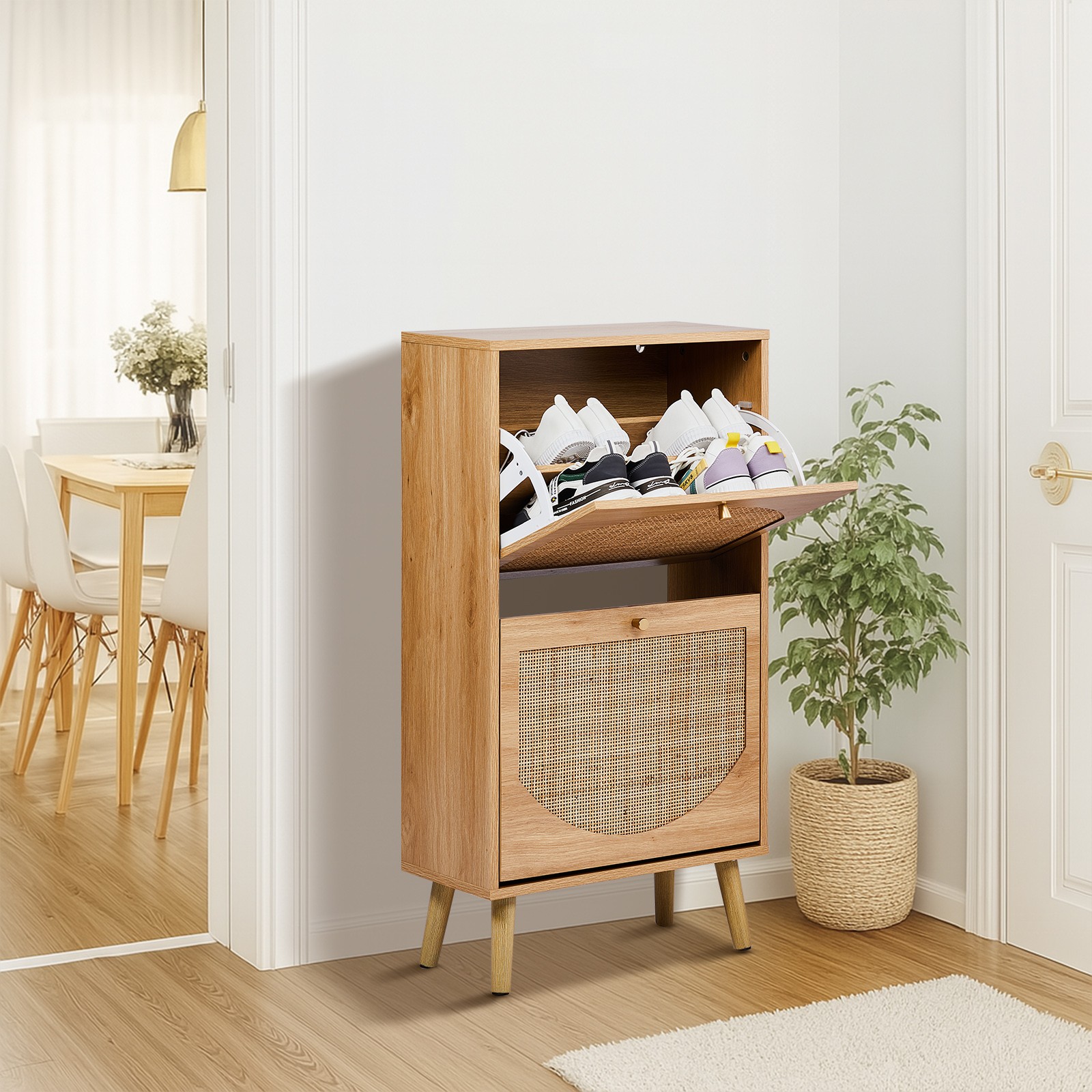 2-Tilt Shoe Cabinet with Arched Rattan Surface,54*24*98cm, Natural Wood Color