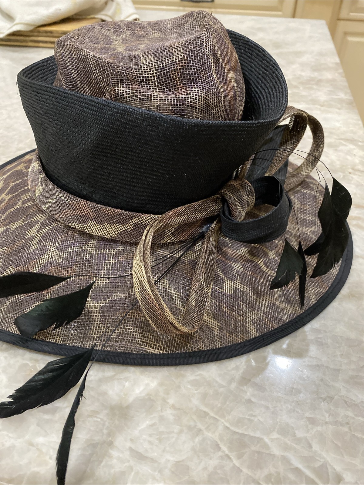 Uewellyn& Mitchell BROWN STRAW Hat Animal Print WIDE BRIM SPECIAL OCCASION
