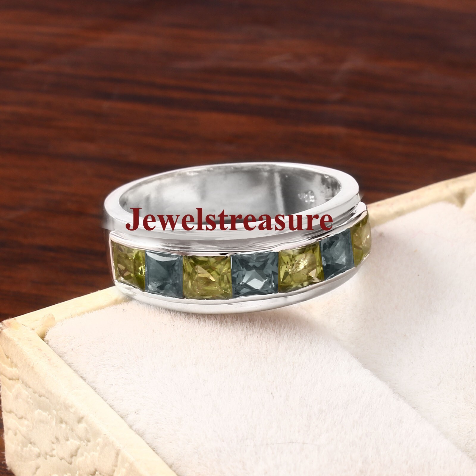 Natural Smoky Quartz & Peridot Gemstone 925 Sterling Silver Band Ring for Men #4