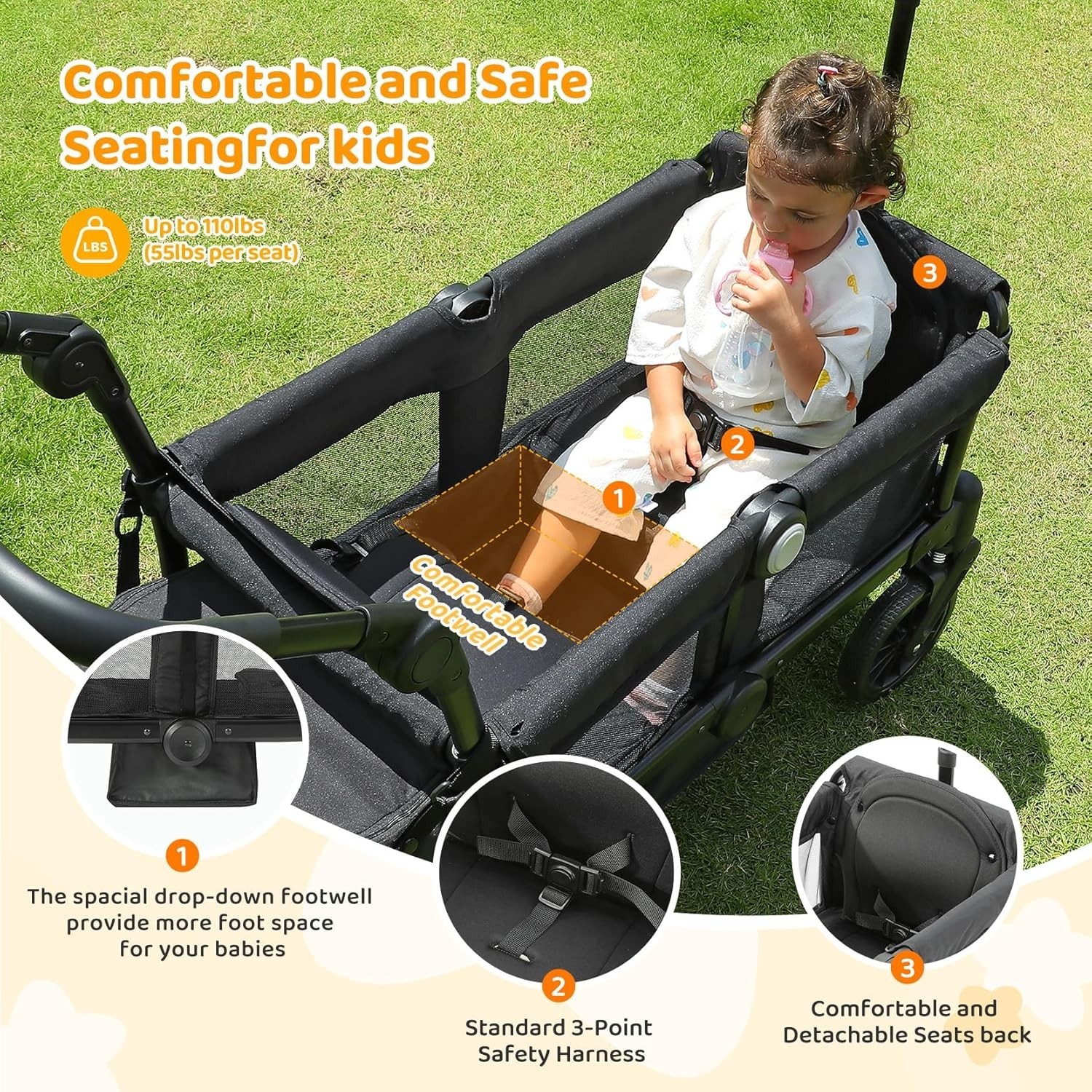 Foldable Wagon Stroller, Stroller Wagon for 2 Kids, All Terrain Wagon for Ki...