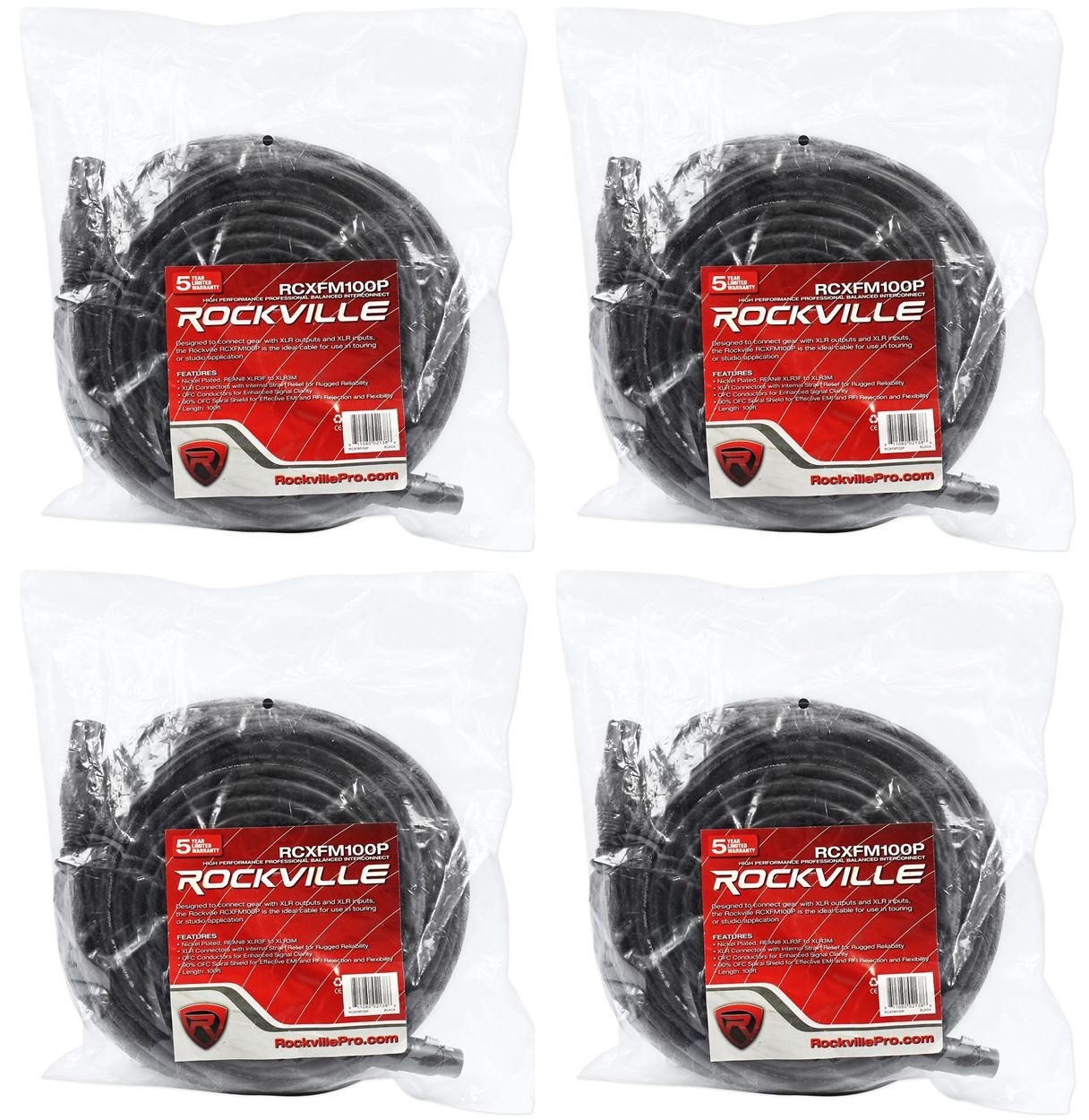 4 Rockville RCXFM100P-B Black 100' Female to Male REAN XLR Mic Cable 100% Copper