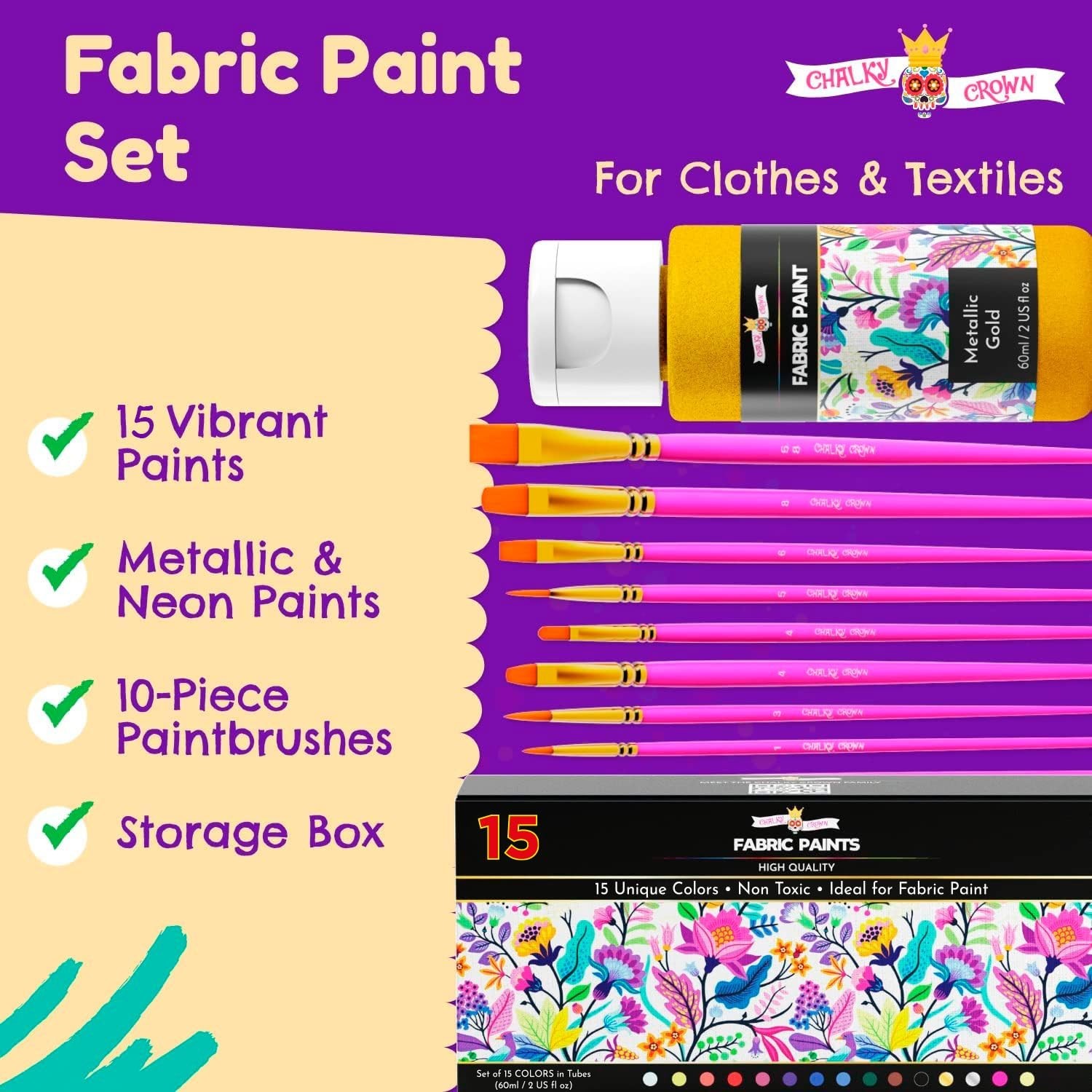 CHALKY CROWN Permanent Fabric Paint for Clothes, 15 Colors for Canvas, Textil...