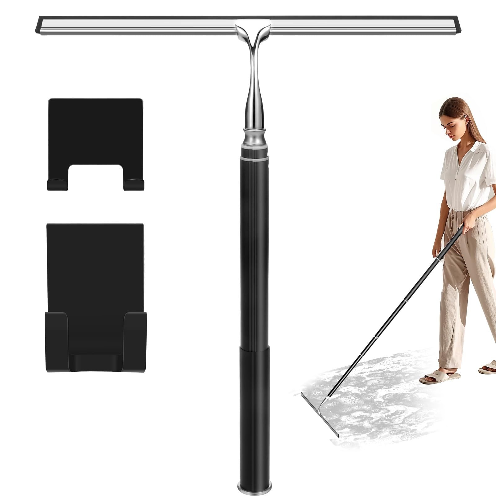 Shower Squeegee with Long 13.7 inches (squeegee), 60 (handle), Black