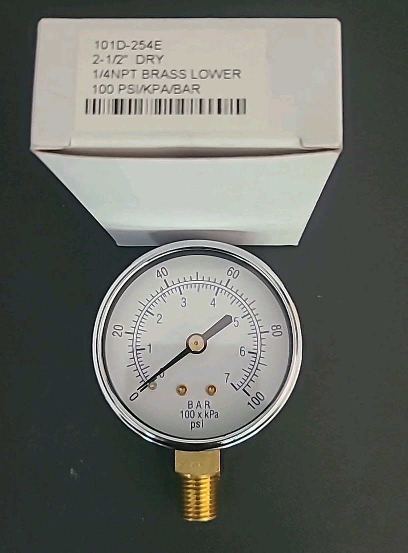 101D-254E-Bspt Industrial Pressure Gauge, 0 To 100 Psi, 2 1/2 In DRY 1/4 Brass