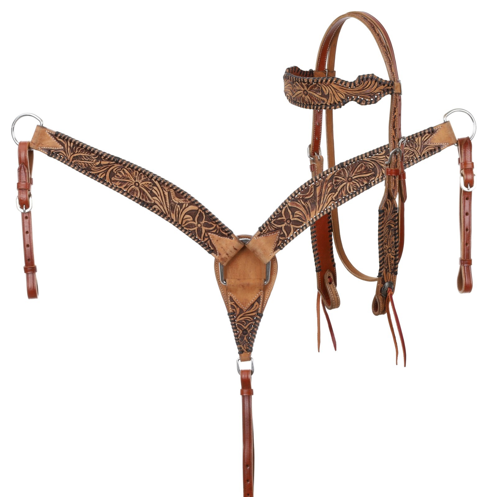 Tooled Flowers & Black Whip Stitch Browband Headstall & Breast Collar & Rein NEW