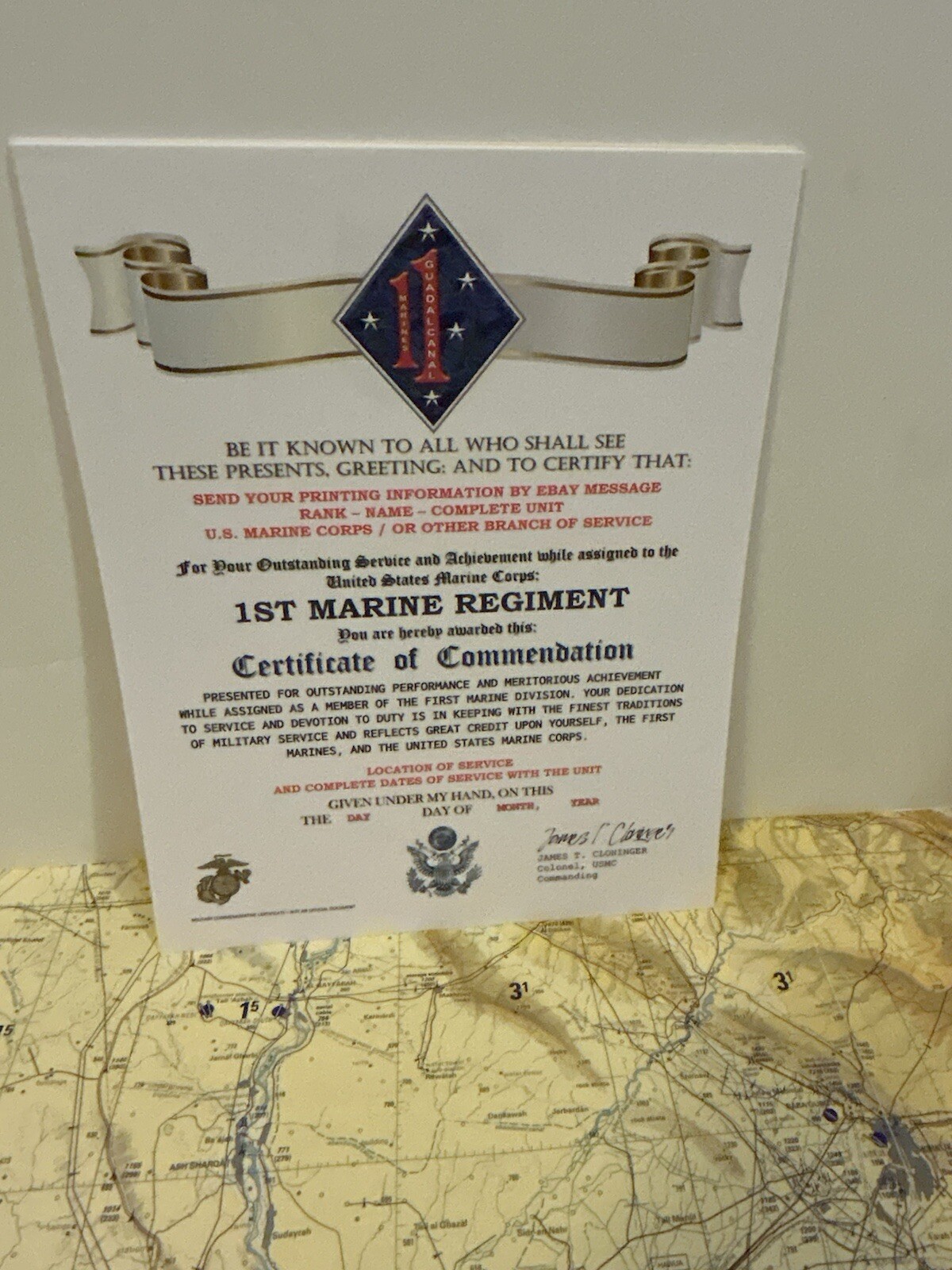 U.S. MARINE CORPS / 1ST MARINE REGIMENT (1 MARDIV) - CERTIFICATE OF COMMENDATION