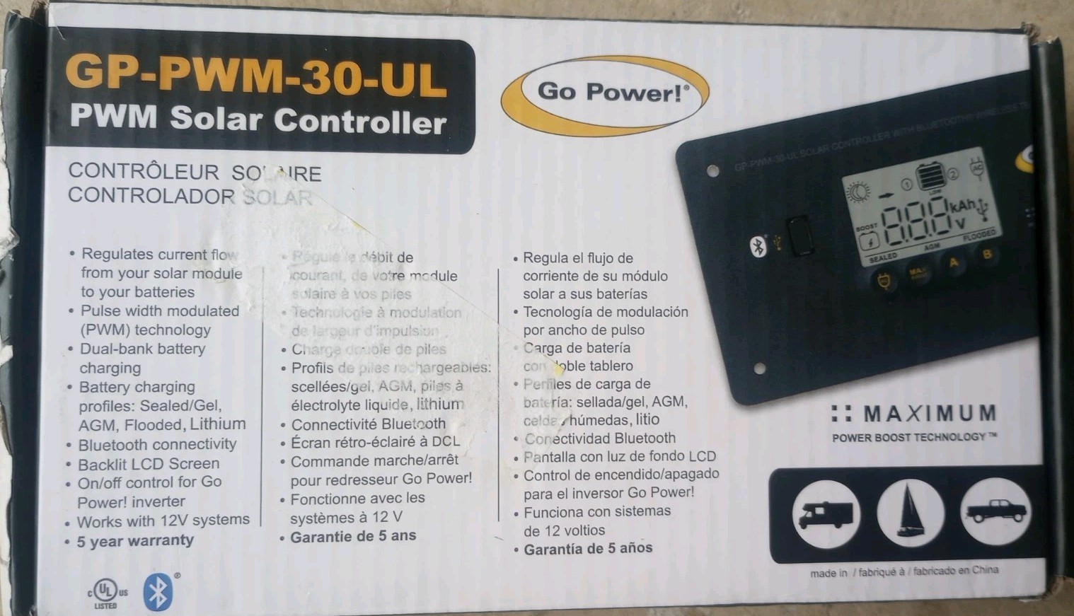 Go Power! GP-PWM-30-UL BlueTooth 30 Amp Solar Regulator