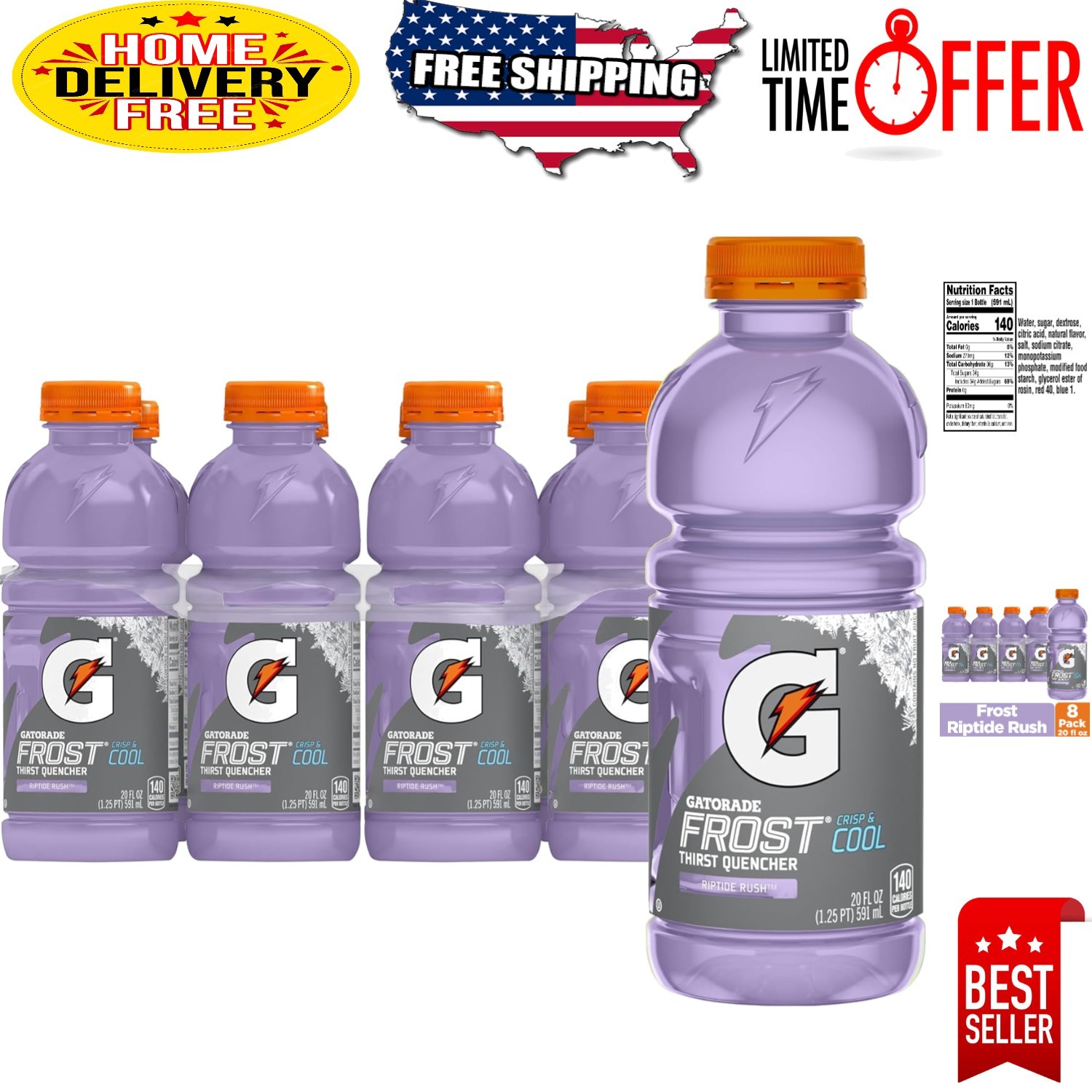 Hydrate Better with Frost Riptide Rush - 8 Pack of 20 Fl Oz Bottles, On-the-Go