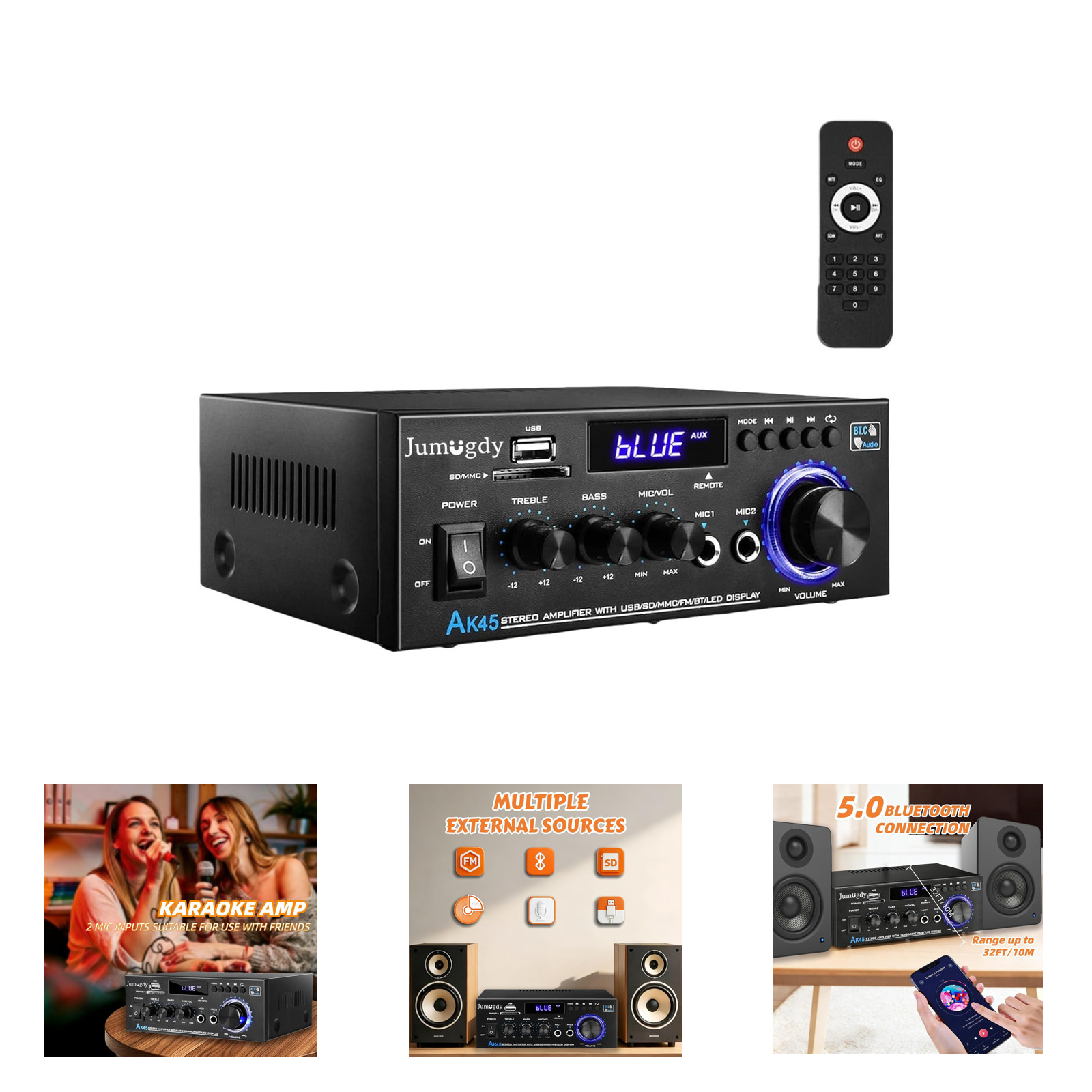 Home Stereo Audio Receiver Amplifier 800W Bluetooth 5.0 FM USB SD Card Remote