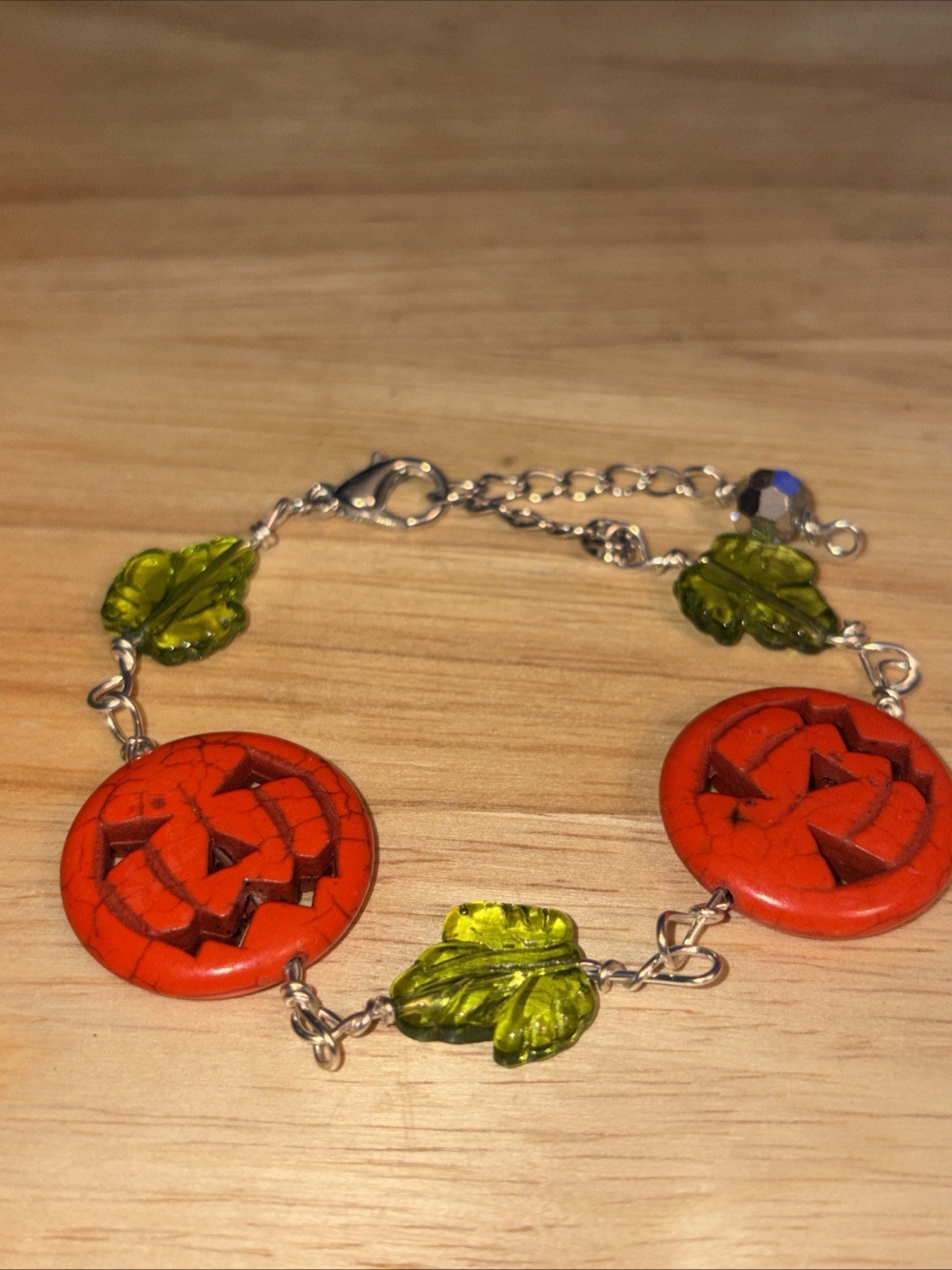 7-9” Handmade,wire wrapped Halloween Pumpkin, Leaf Bracelet