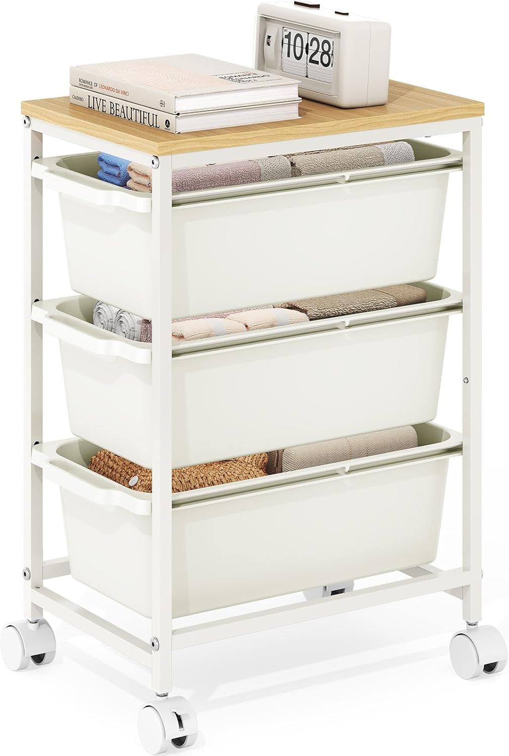 Rolling Storage Cart with 3 Drawers, Craft Organizer, Wooden Tabletop Utility Ca