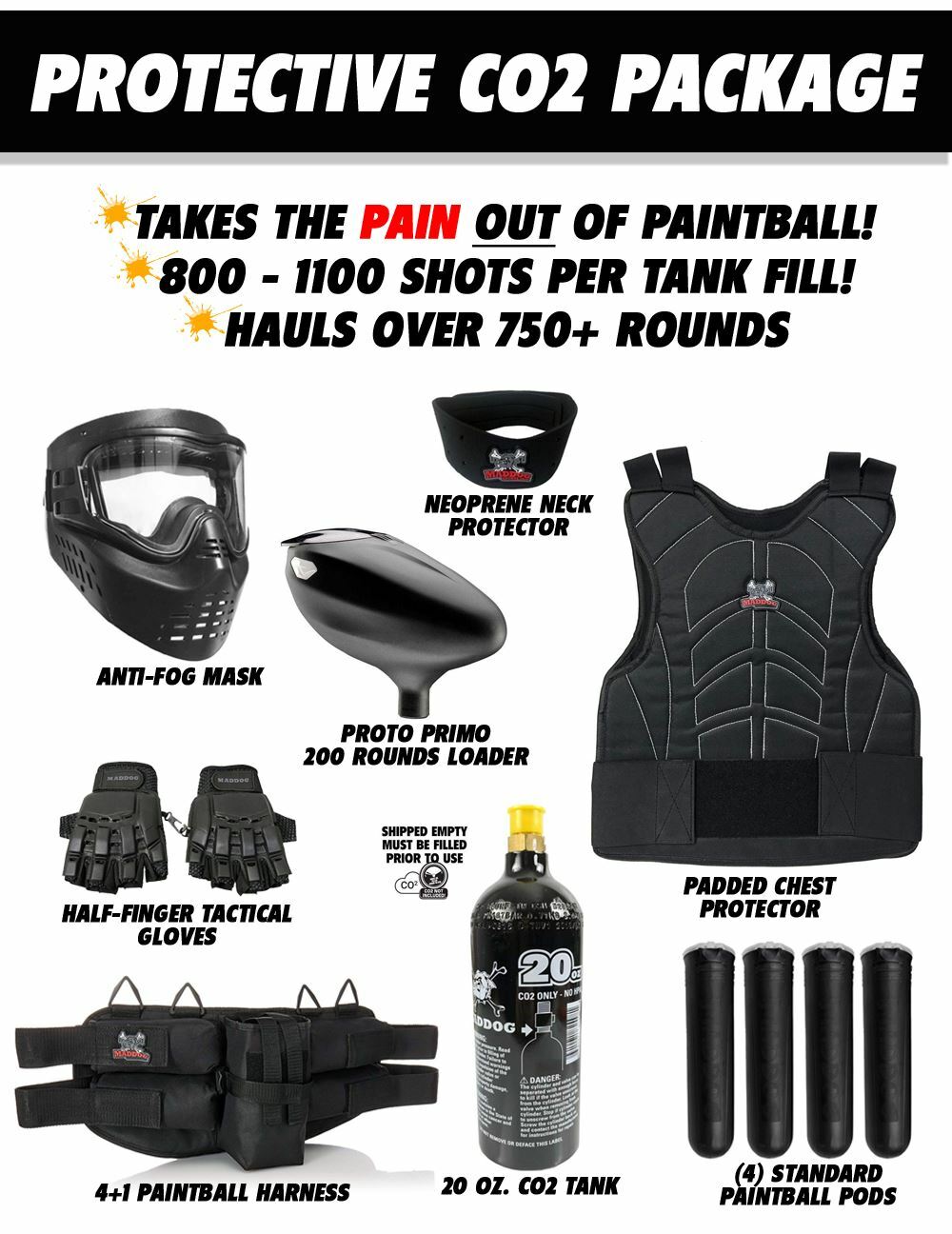 Maddog Tippmann Stormer Tactical Protective CO2 Paintball Gun Starter Pack
