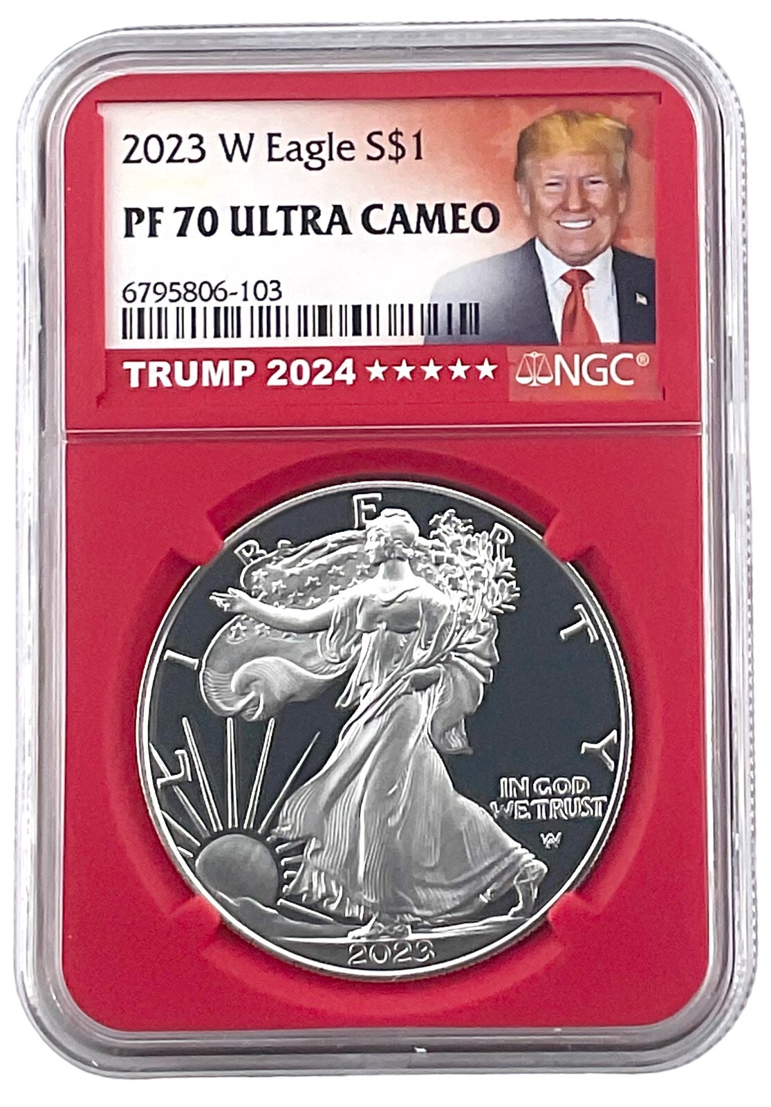 2023 W Silver Eagle Proof NGC PF70 Ultra Cameo - Red Core  Trump 2024 Label