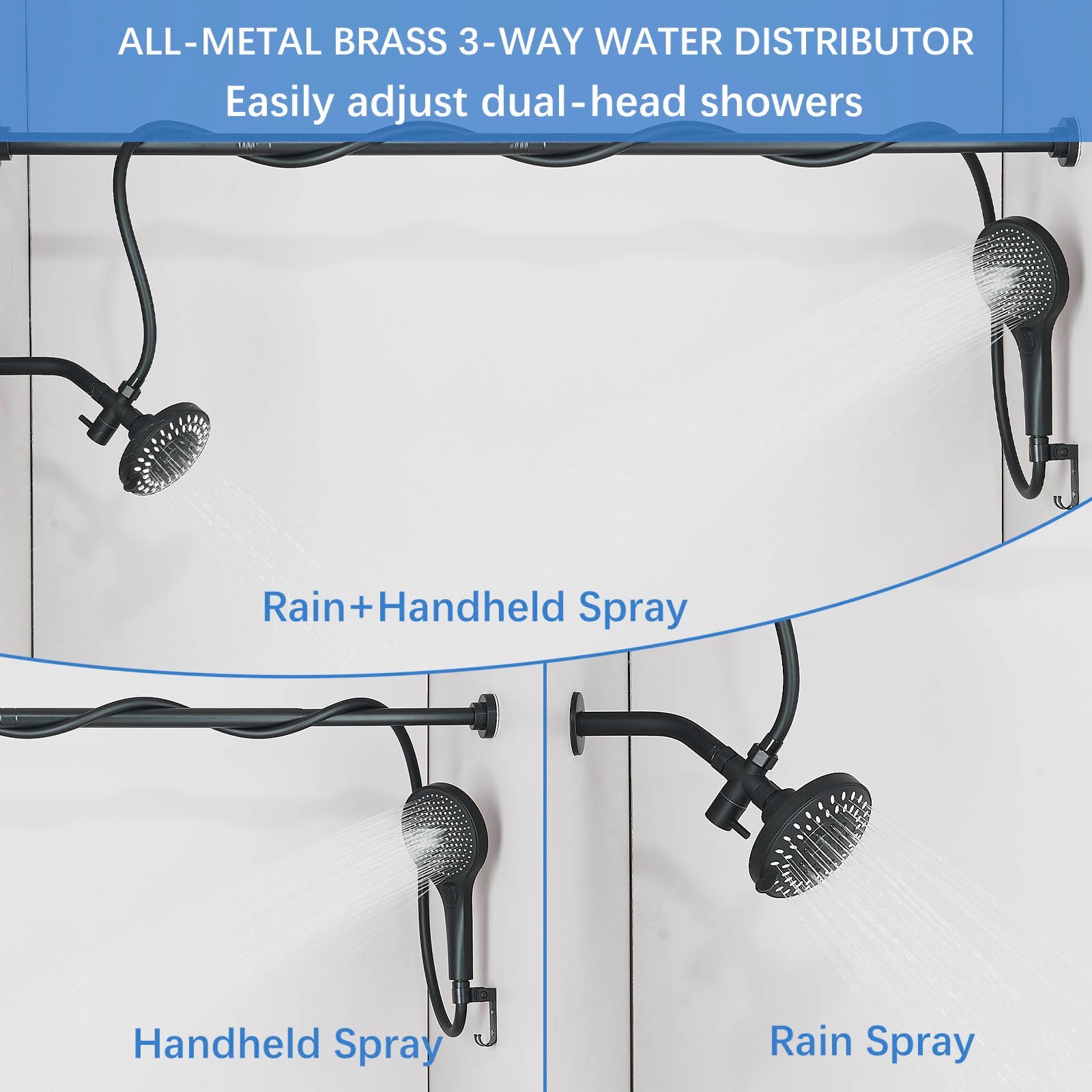 High Pressure Black Adjustable Dual Shower Head with Handheld System for Couples
