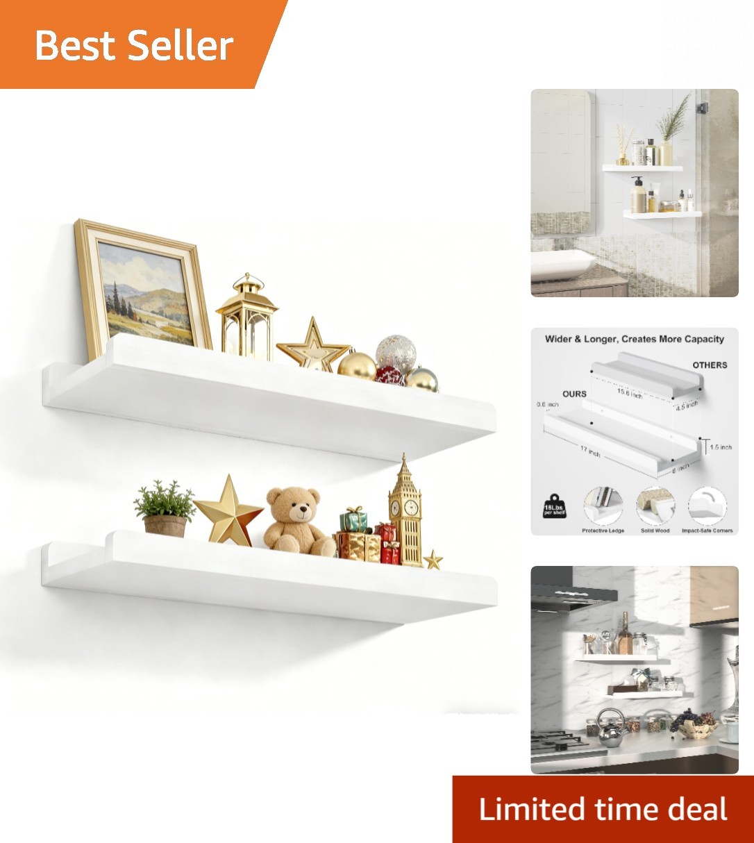 Floating Shelves with Protective Ledge - Rustic Wood Set of 2, 36 lbs Capacity