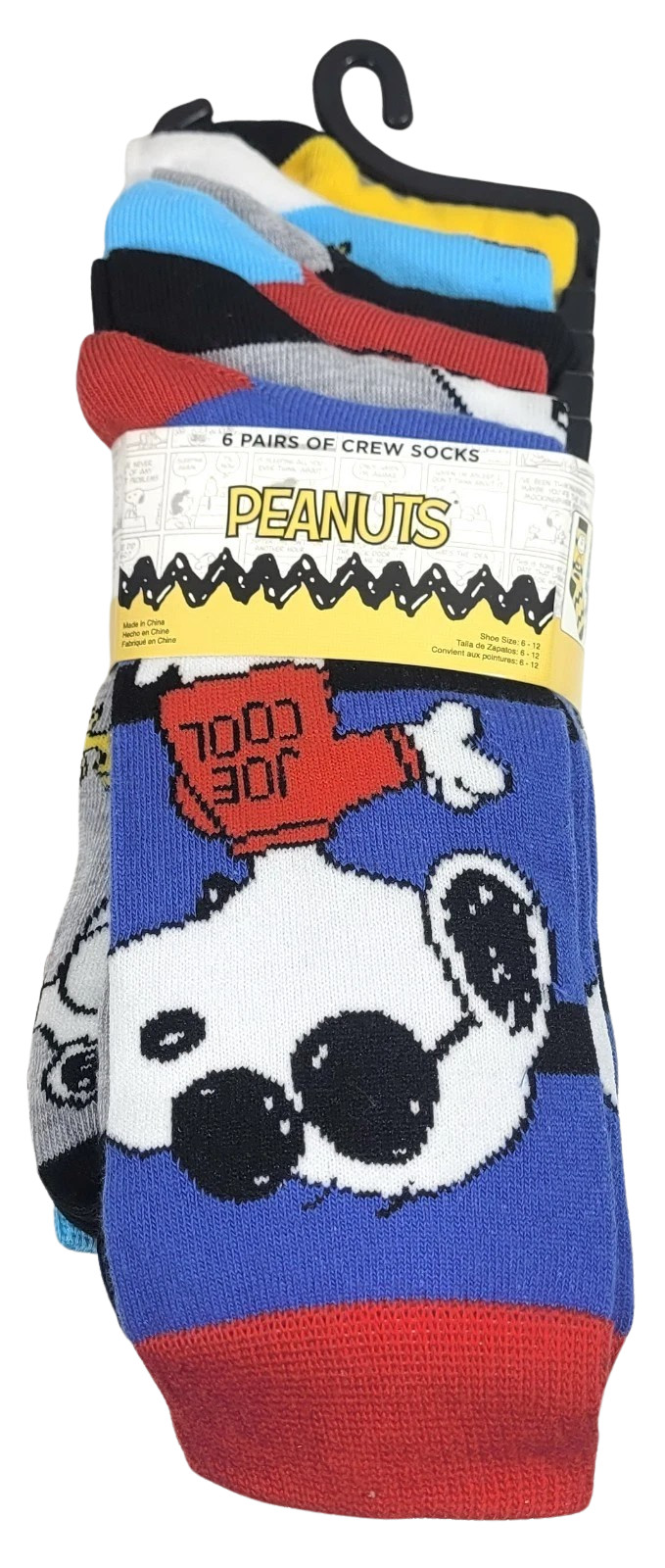 Peanuts 6 Pairs Crew Socks Snoopy Joe Cool Charlie Brown Woodstock Mens 6-12 NEW